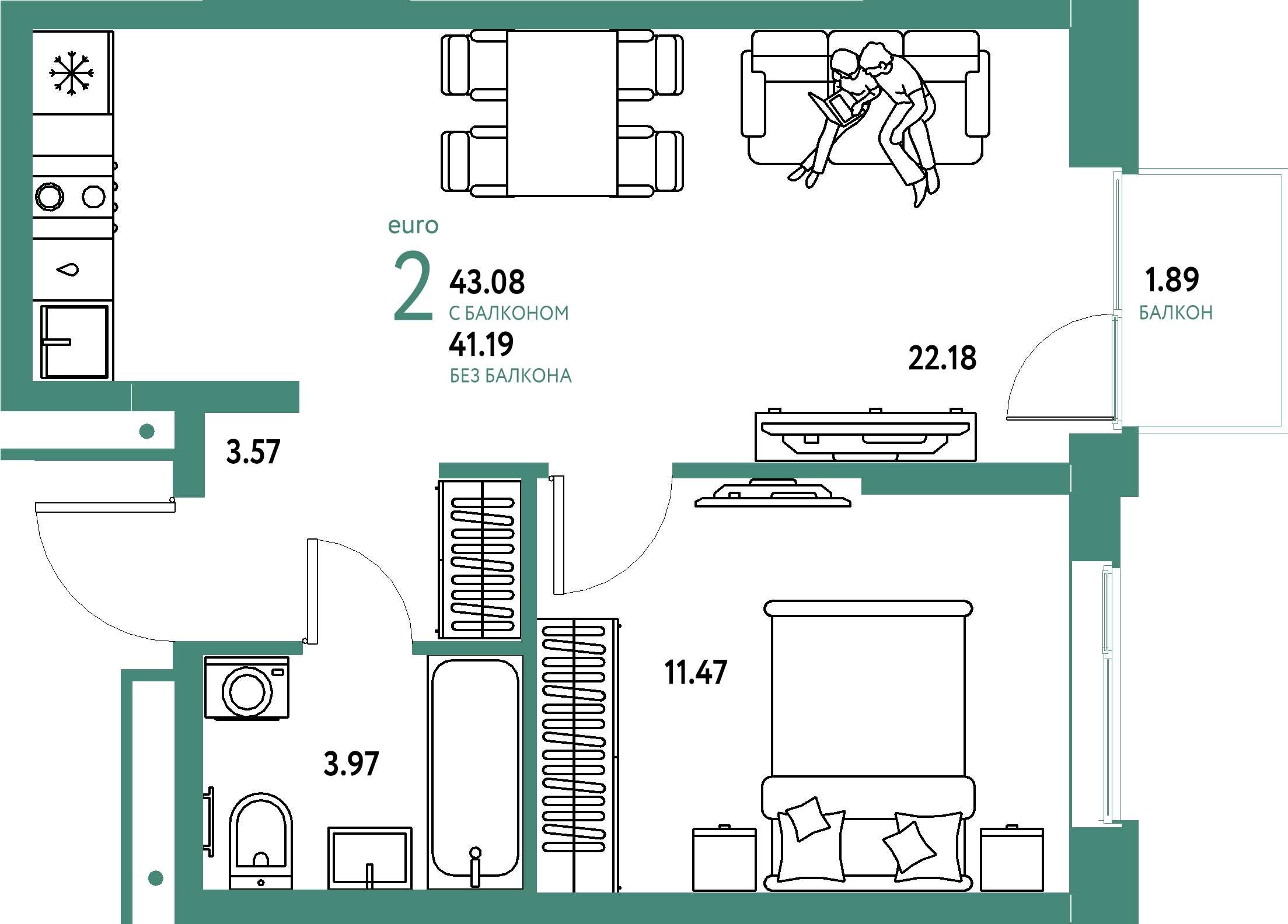 ЖК "Домашний"-2-комнатная 43.08 м²