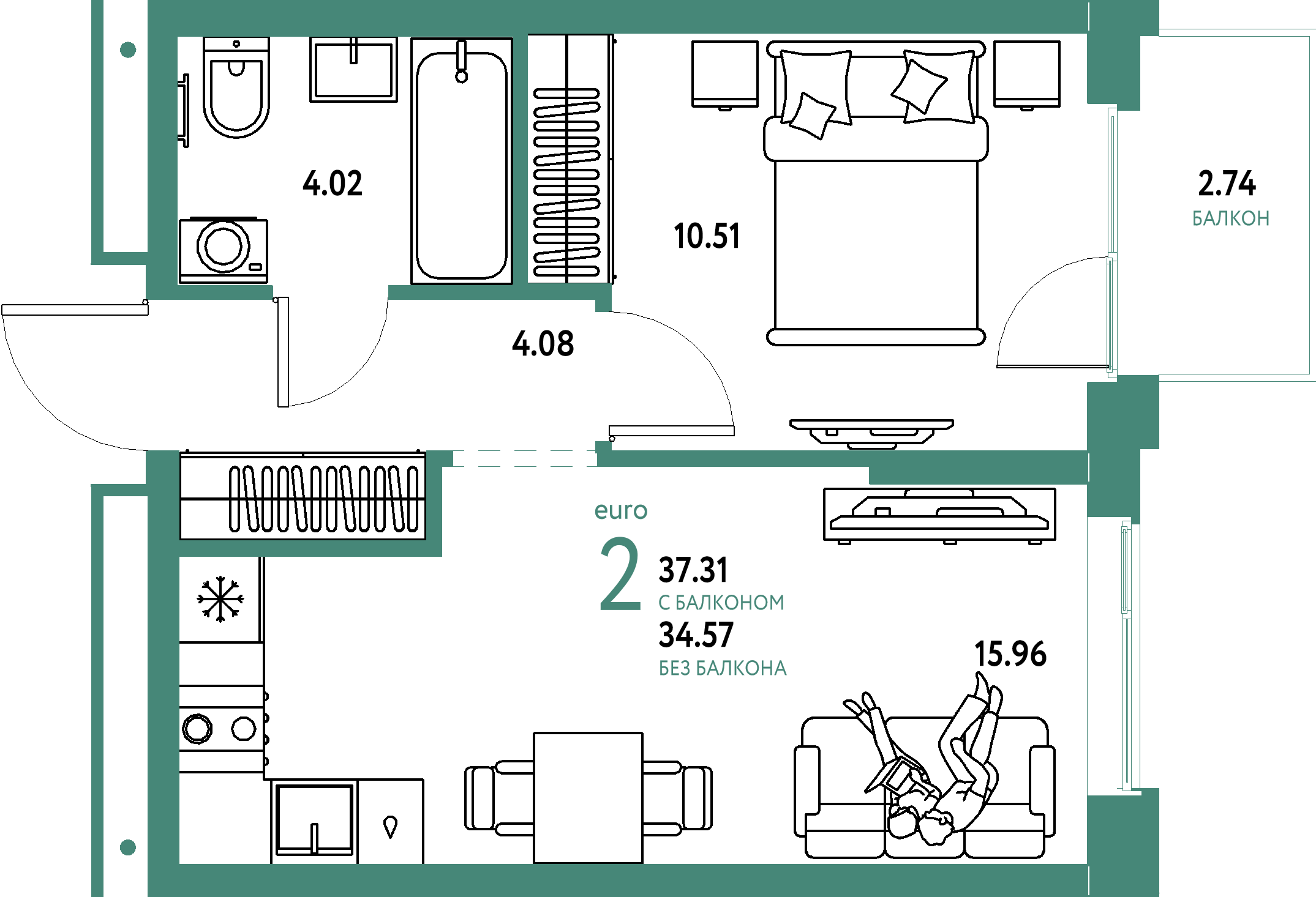 ЖК "Домашний"-2-комнатная 37.31 м²