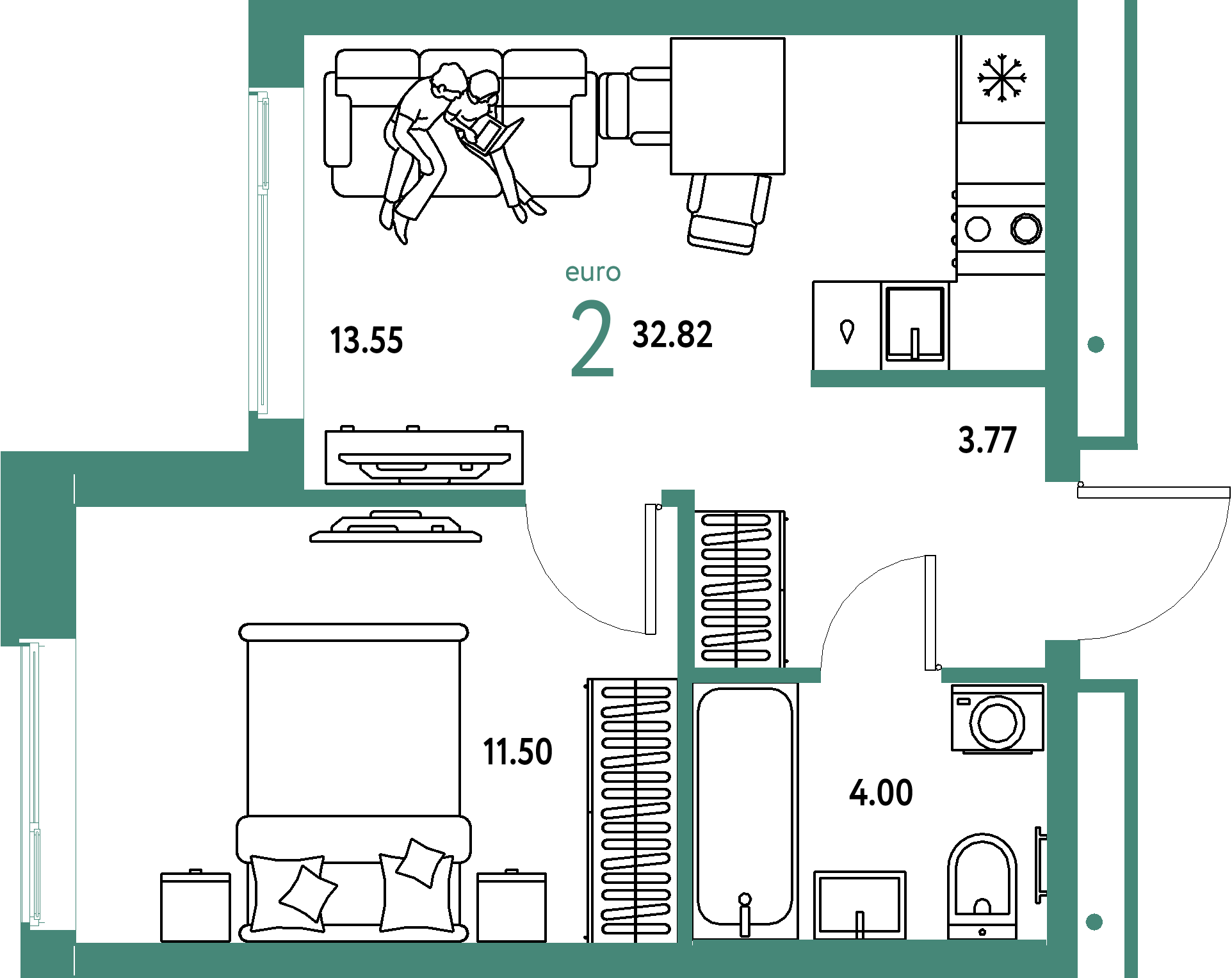 ЖК "Домашний"-2-комнатная 32.82 м²