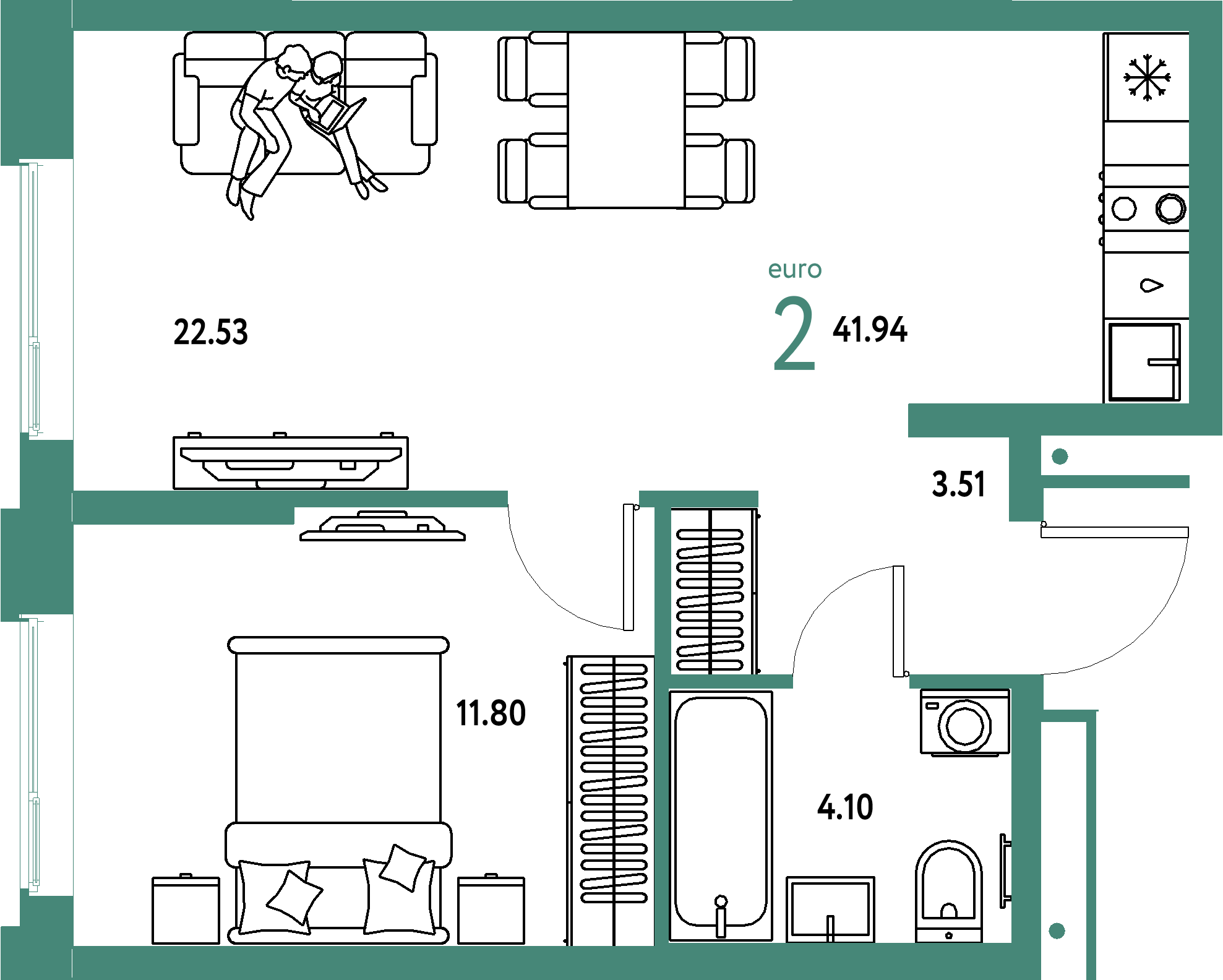 ЖК "Домашний"-2-комнатная 41.94 м²