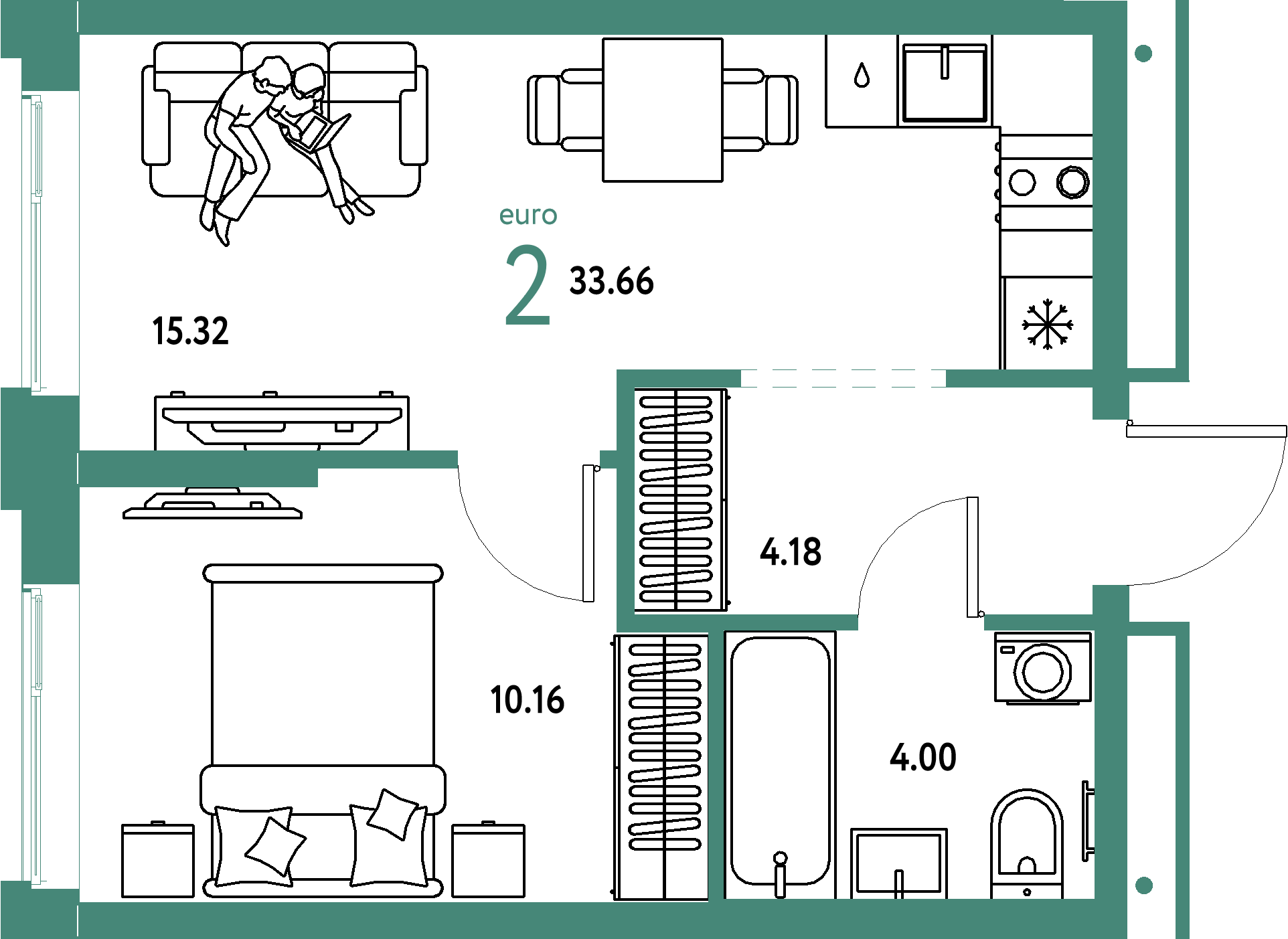 ЖК "Домашний"-2-комнатная 33.66 м²