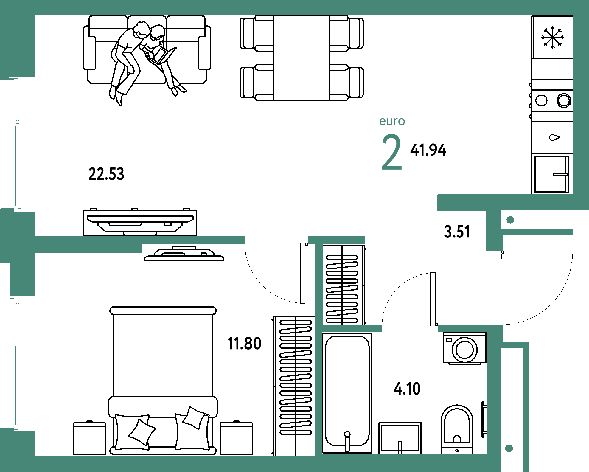 ЖК "Домашний"-2-комнатная 41.94 м²