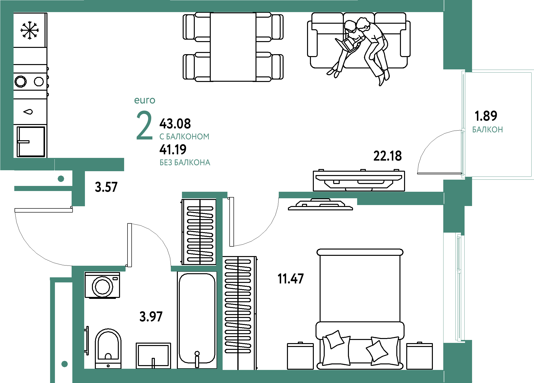 ЖК "Домашний"-2-комнатная 43.08 м²