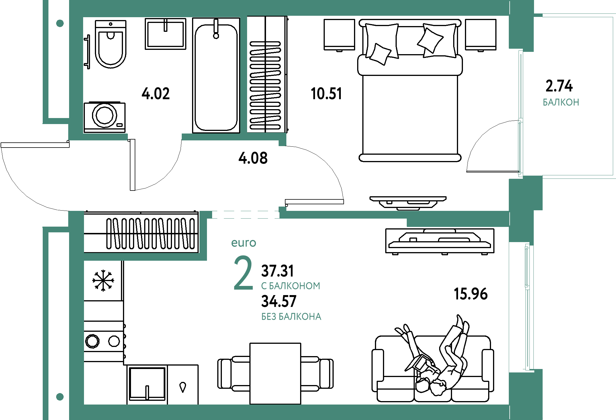 ЖК "Домашний"-2-комнатная 37.31 м²