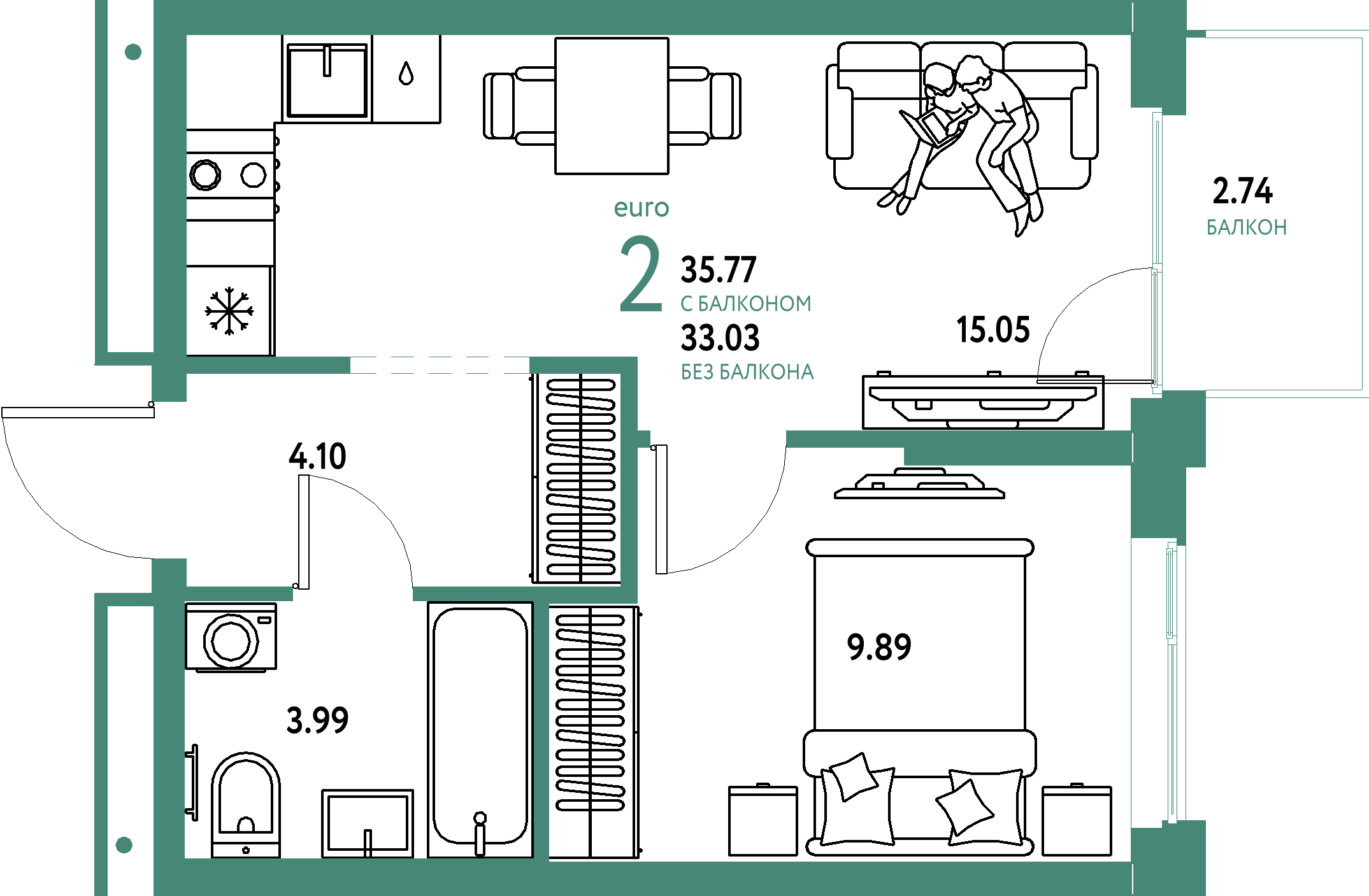 ЖК "Домашний"-2-комнатная 35.77 м²