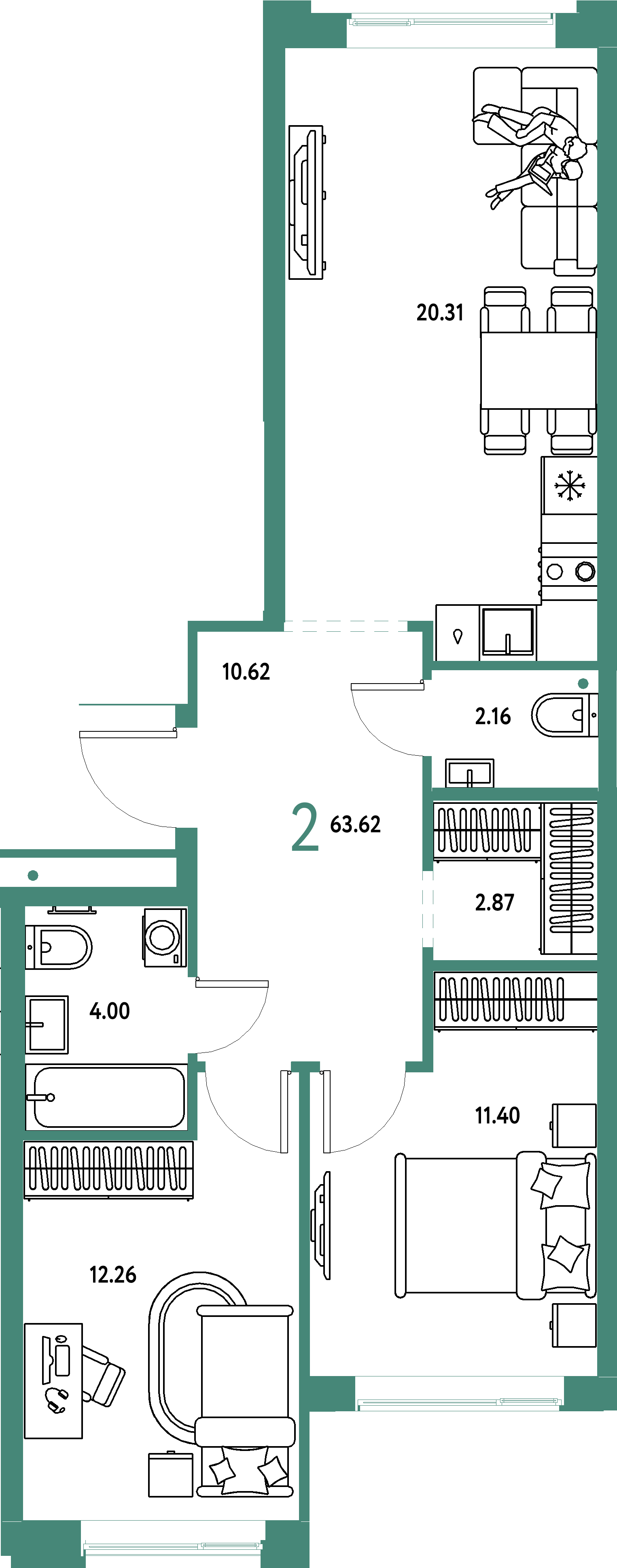 ЖК "Домашний"-2-комнатная 63.62 м²