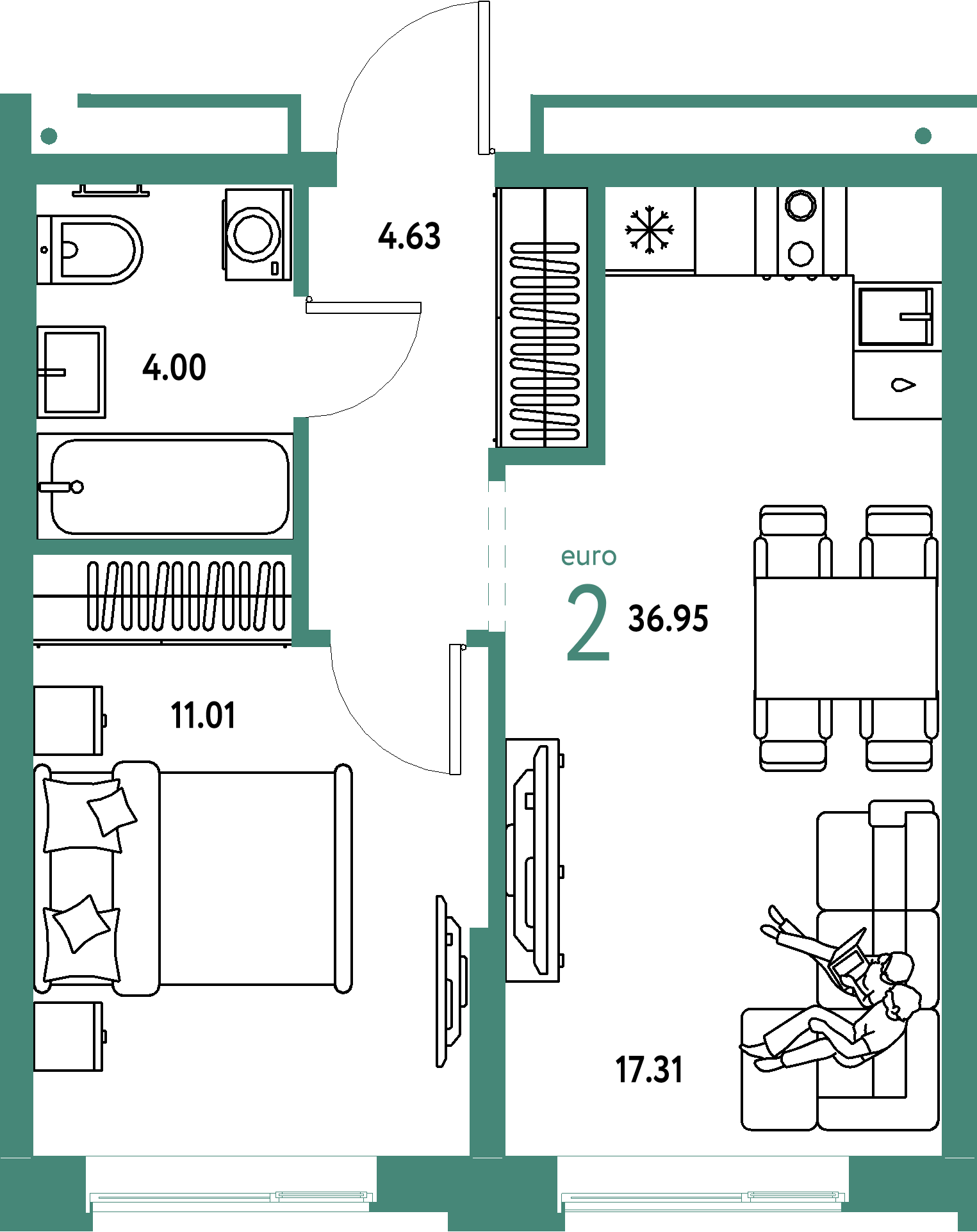 ЖК "Домашний"-2-комнатная 36.95 м²