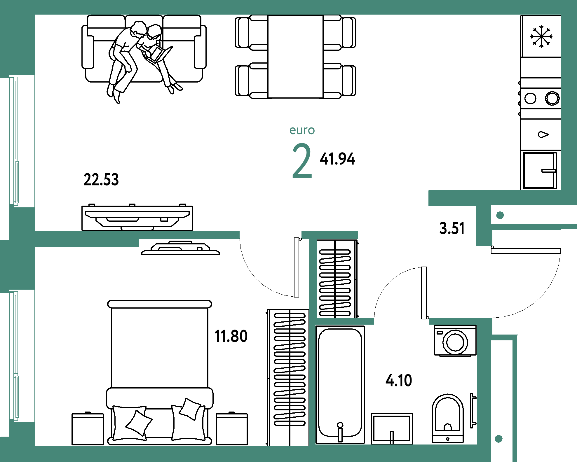 ЖК "Домашний"-2-комнатная 41.94 м²