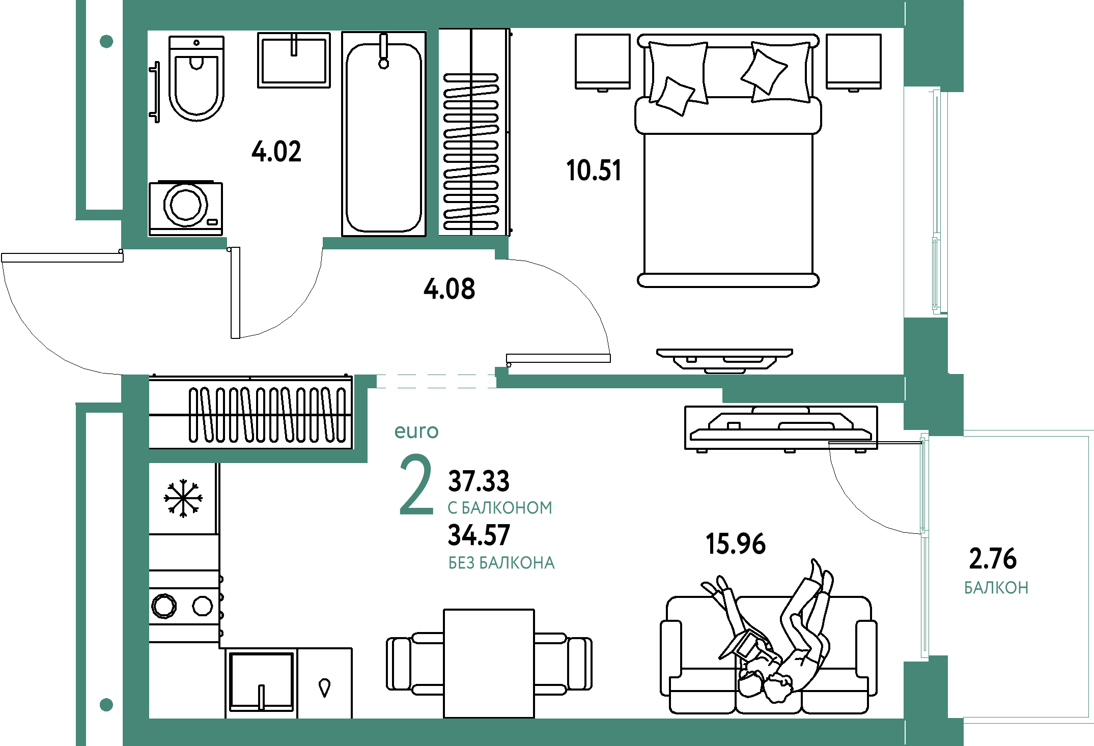 ЖК "Домашний"-2-комнатная 37.33 м²