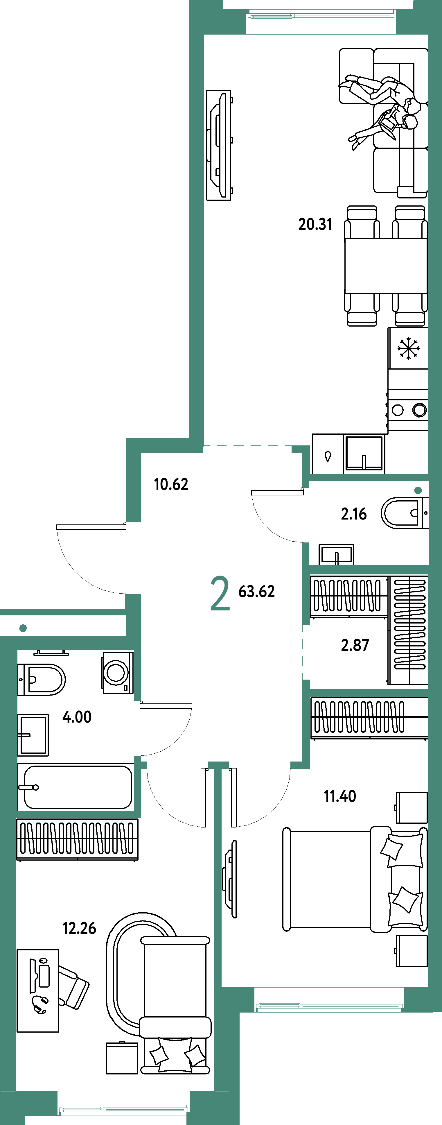 ЖК "Домашний"-2-комнатная 63.62 м²