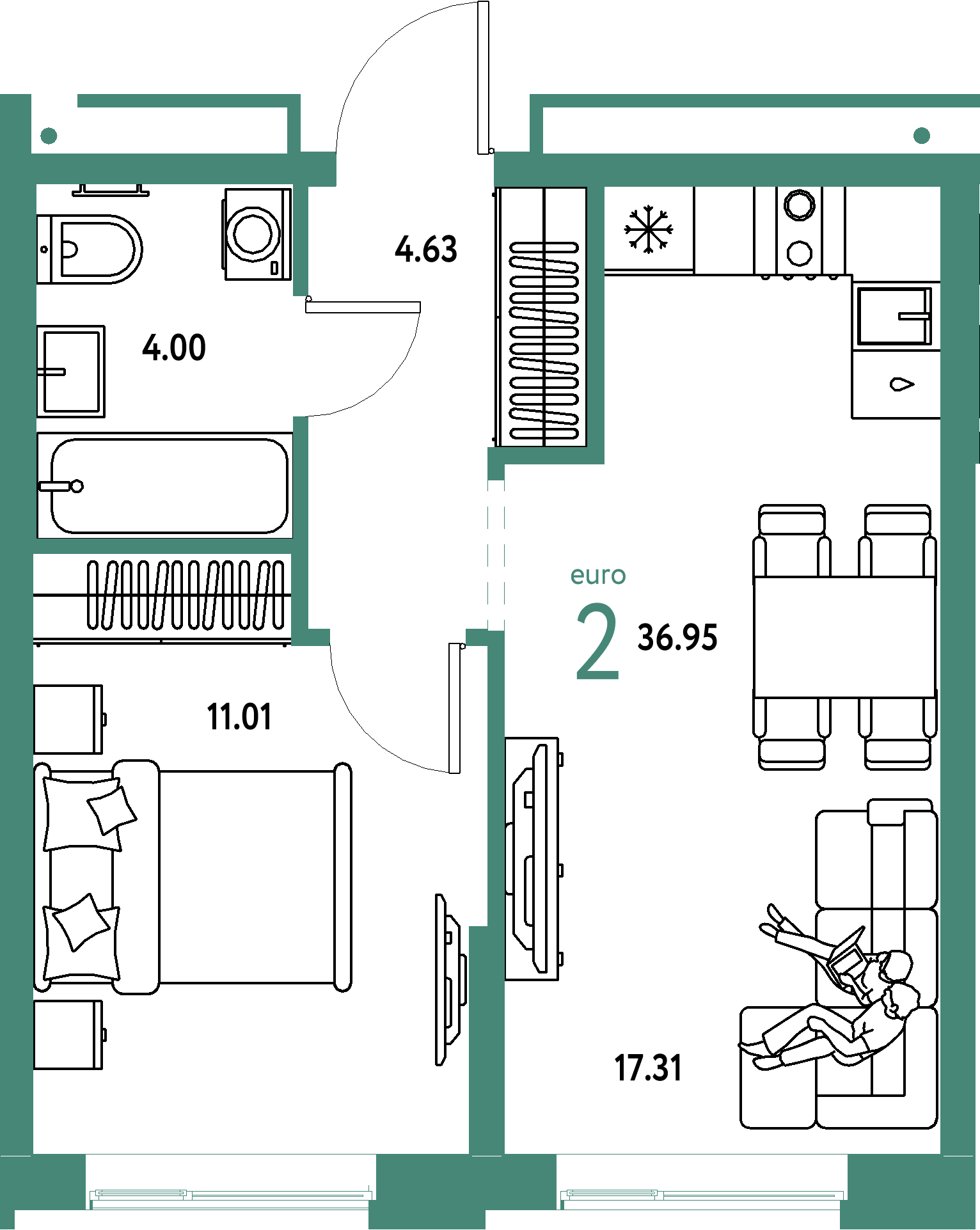 ЖК "Домашний"-2-комнатная 36.95 м²