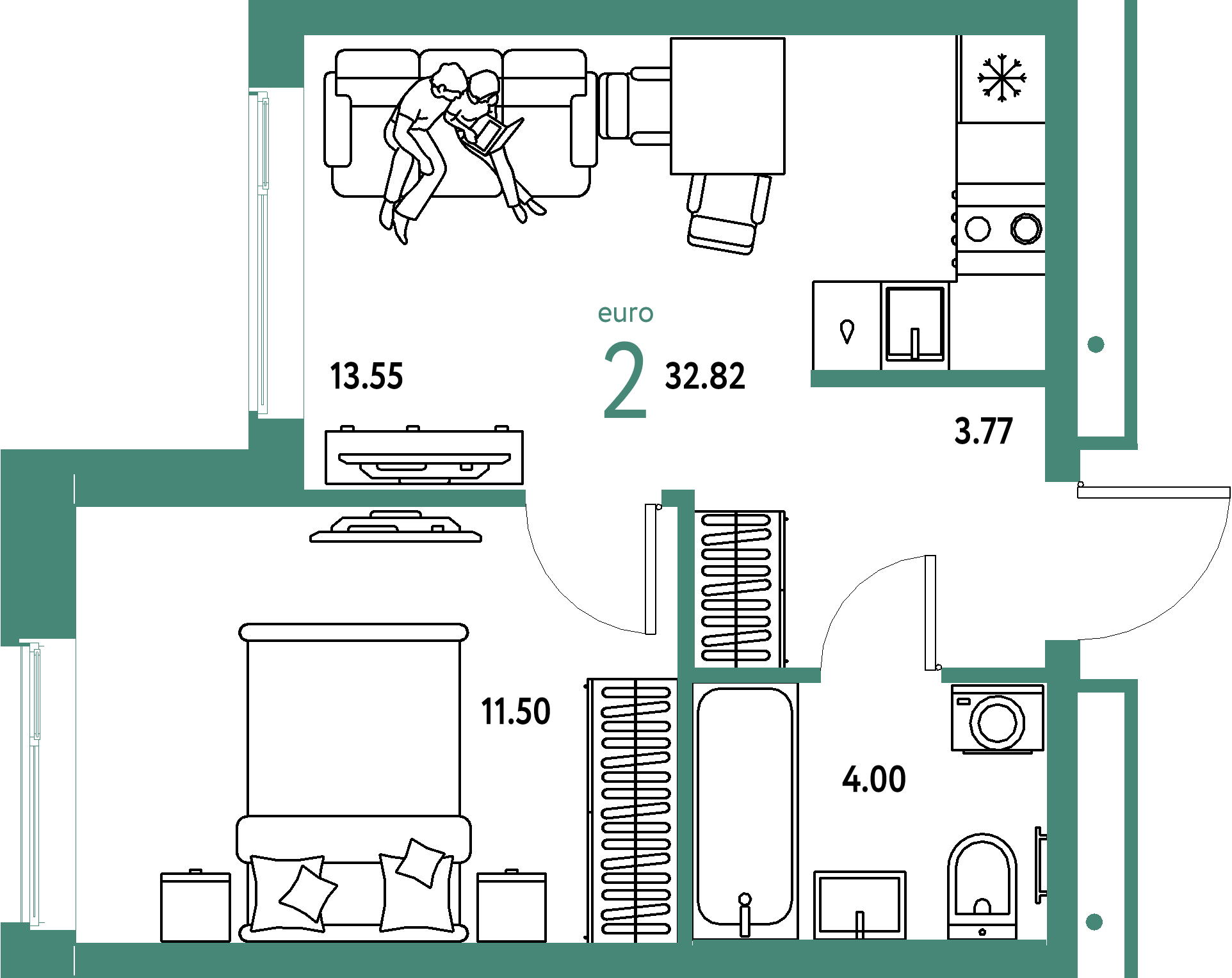 ЖК "Домашний"-2-комнатная 32.82 м²