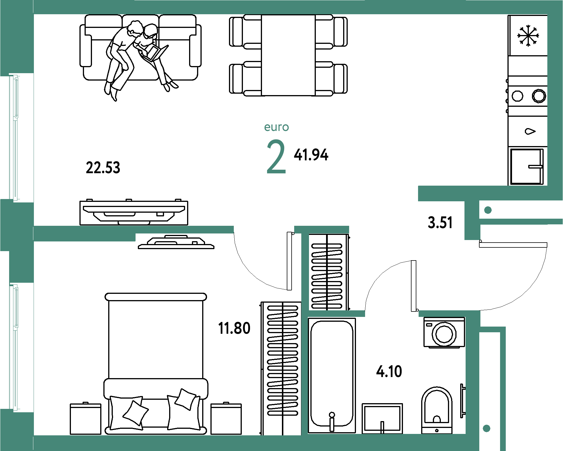 ЖК "Домашний"-2-комнатная 41.94 м²