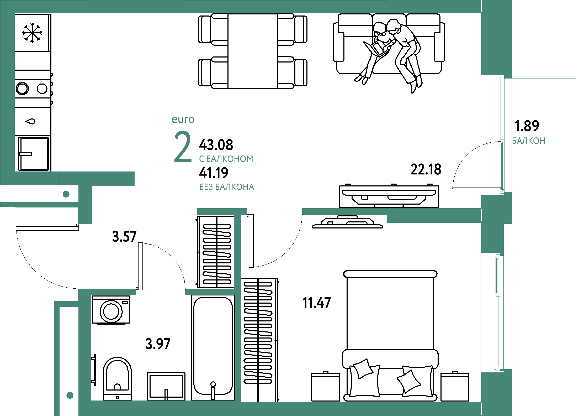 ЖК "Домашний"-2-комнатная 43.08 м²