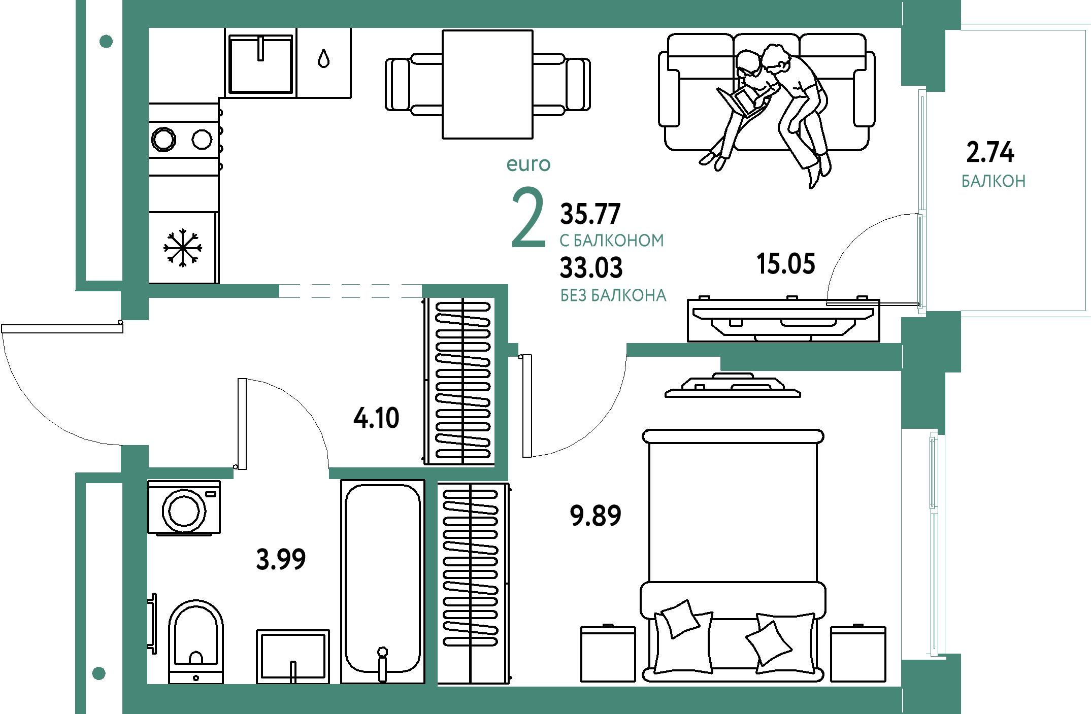 ЖК "Домашний"-2-комнатная 35.77 м²