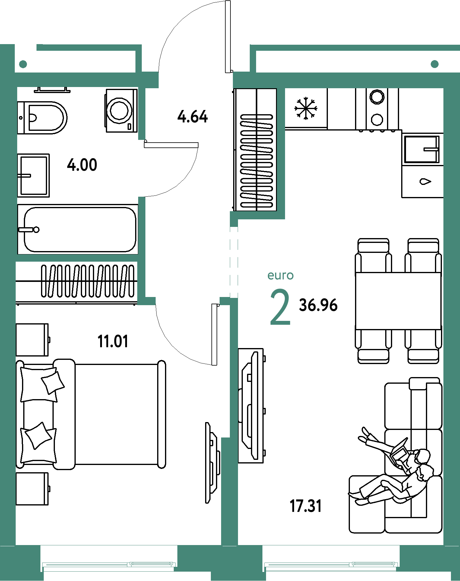 ЖК "Домашний"-2-комнатная 36.96 м²