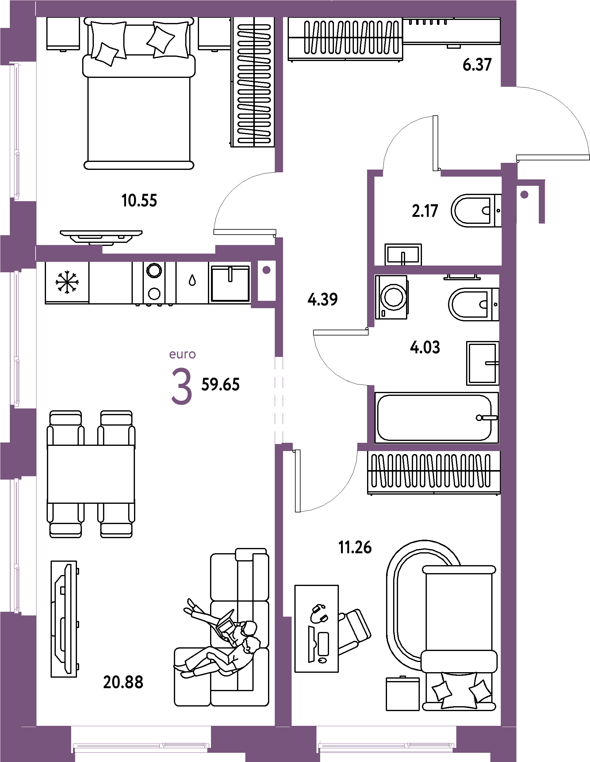 ЖК "Домашний"-3-комнатная 59.65 м²