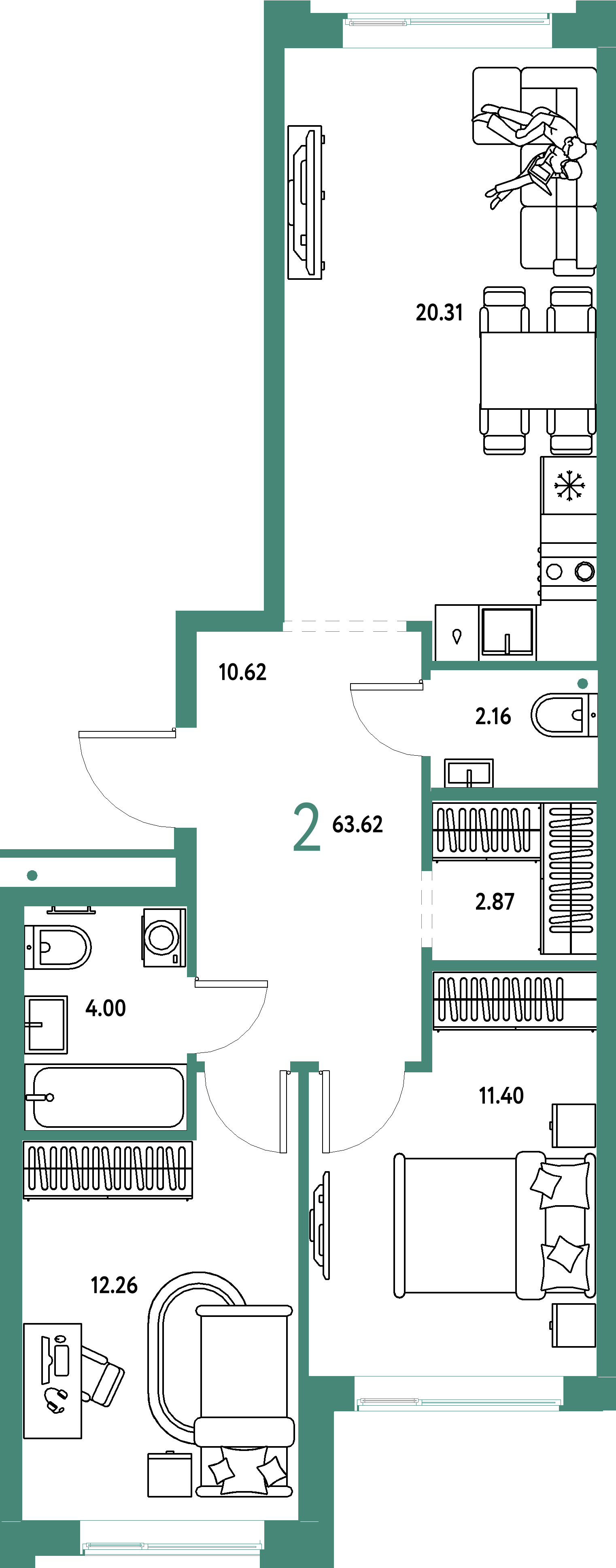 ЖК "Домашний"-2-комнатная 63.62 м²