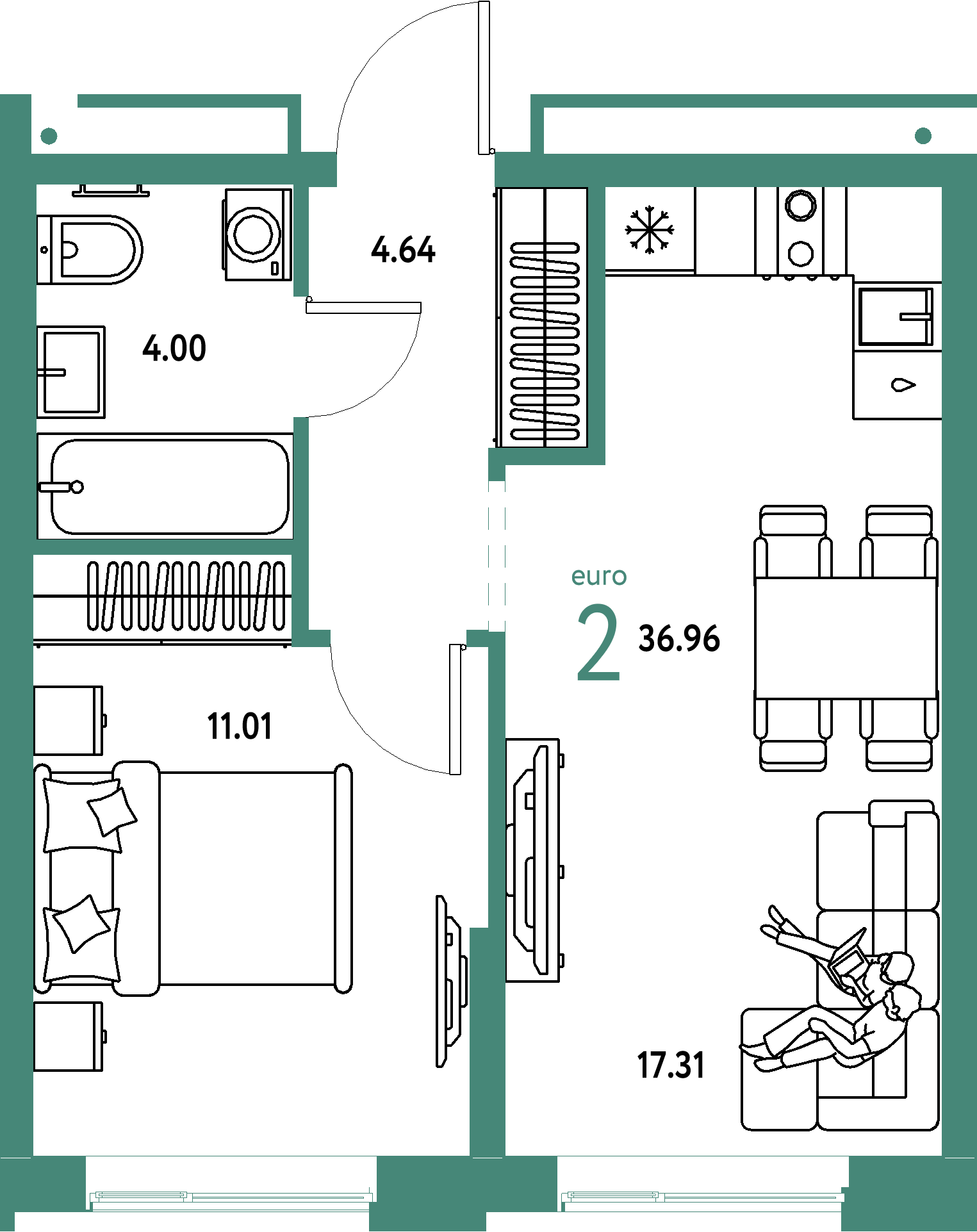 ЖК "Домашний"-2-комнатная 36.96 м²