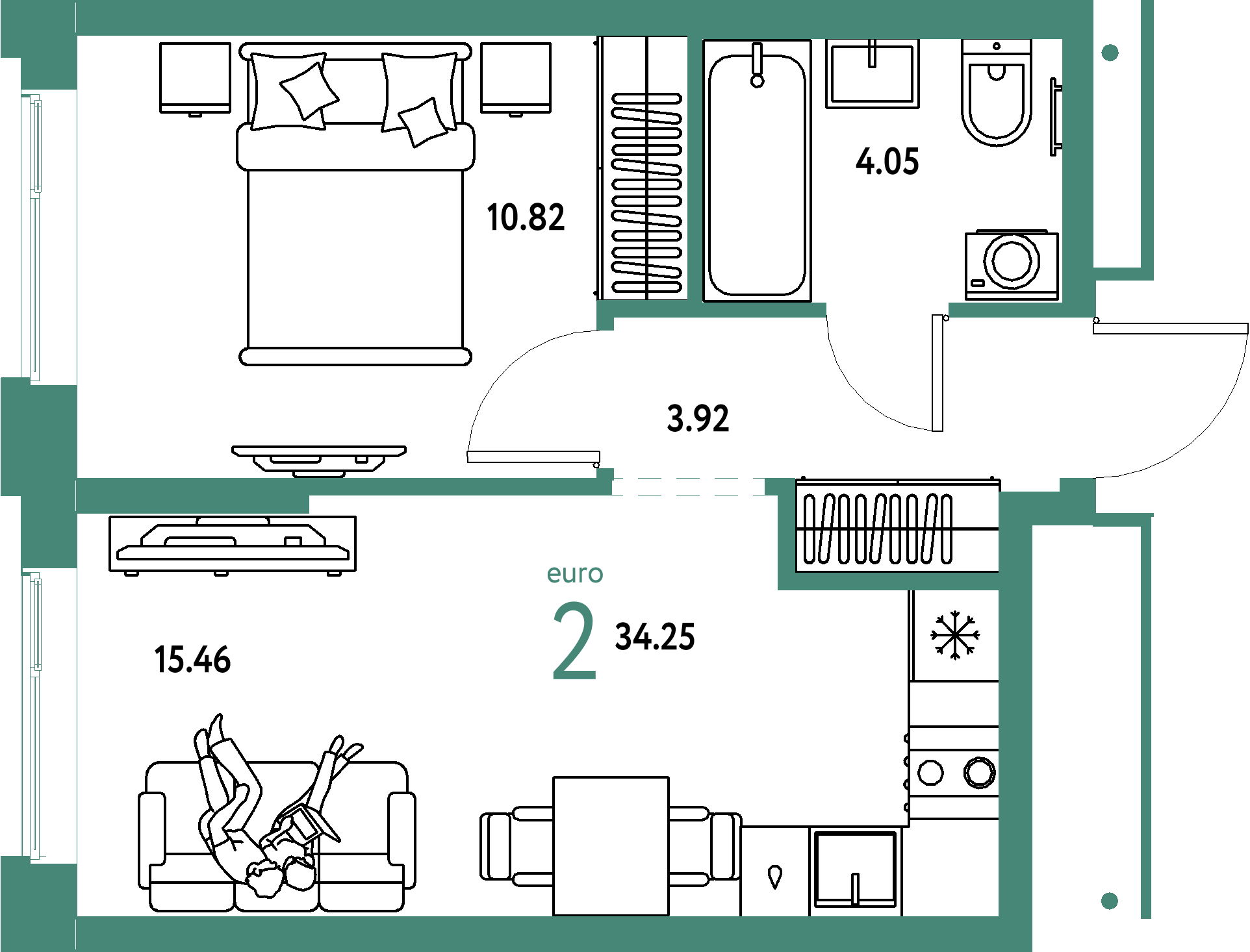 ЖК "Домашний"-2-комнатная 34.25 м²