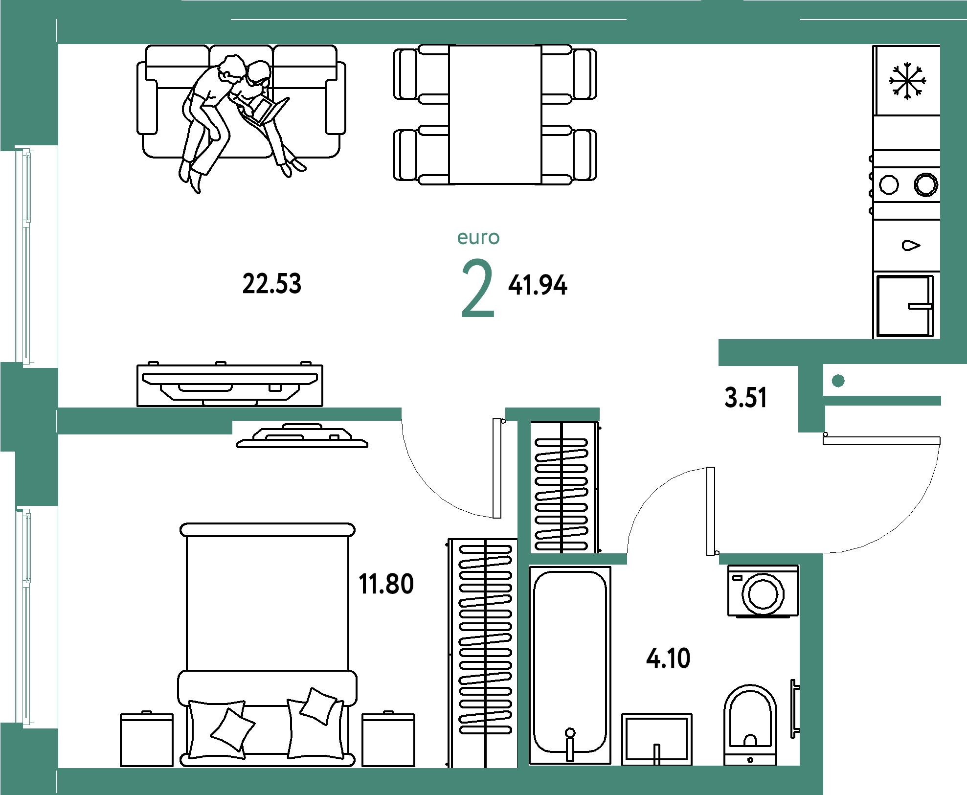 ЖК "Домашний"-2-комнатная 41.94 м²