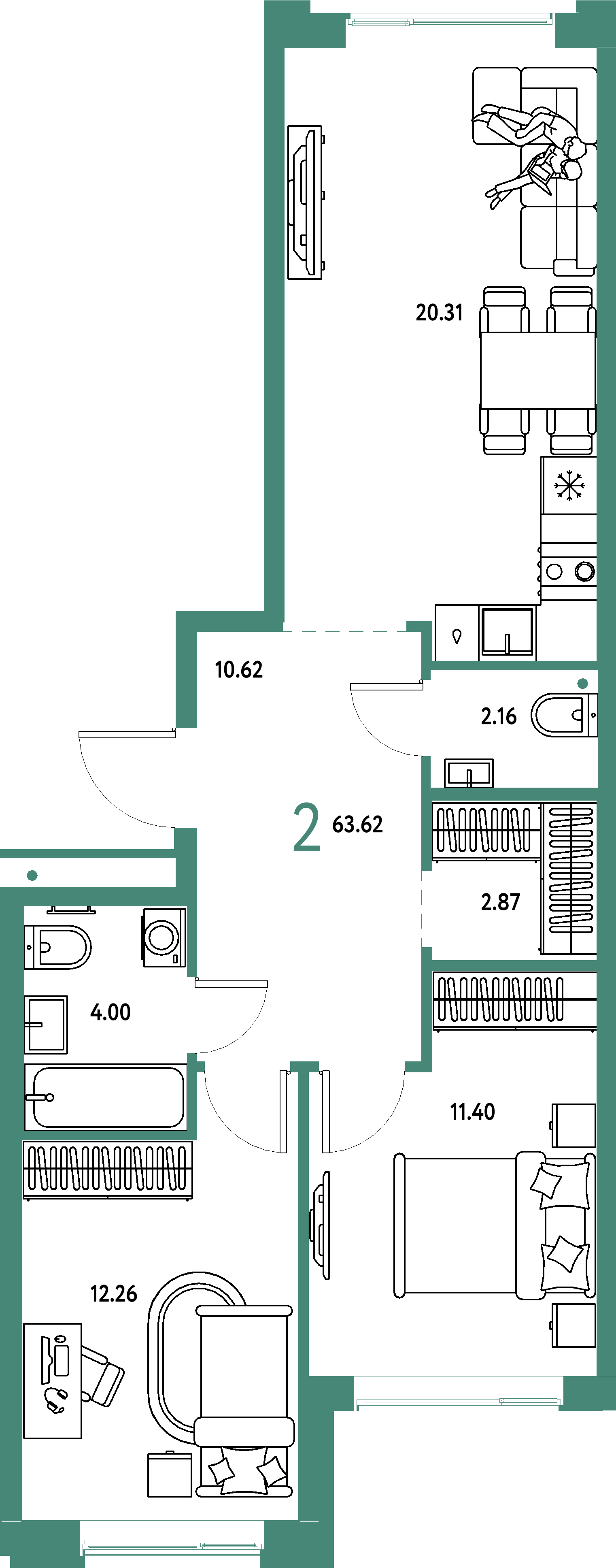 ЖК "Домашний"-2-комнатная 63.62 м²