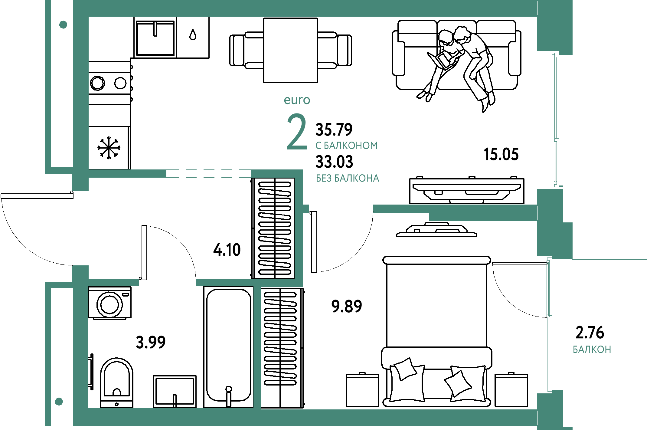 ЖК "Домашний"-2-комнатная 35.79 м²