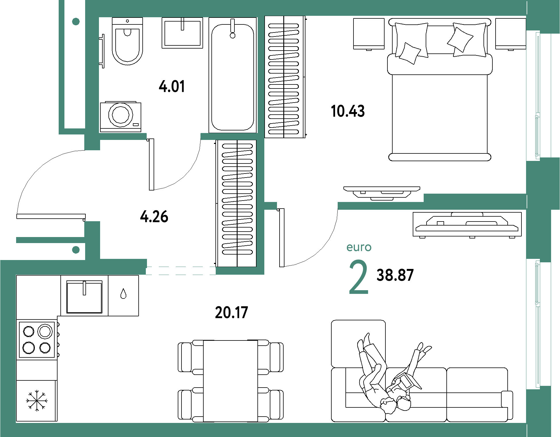 ЖК "Домашний"-2-комнатная 38.87 м²