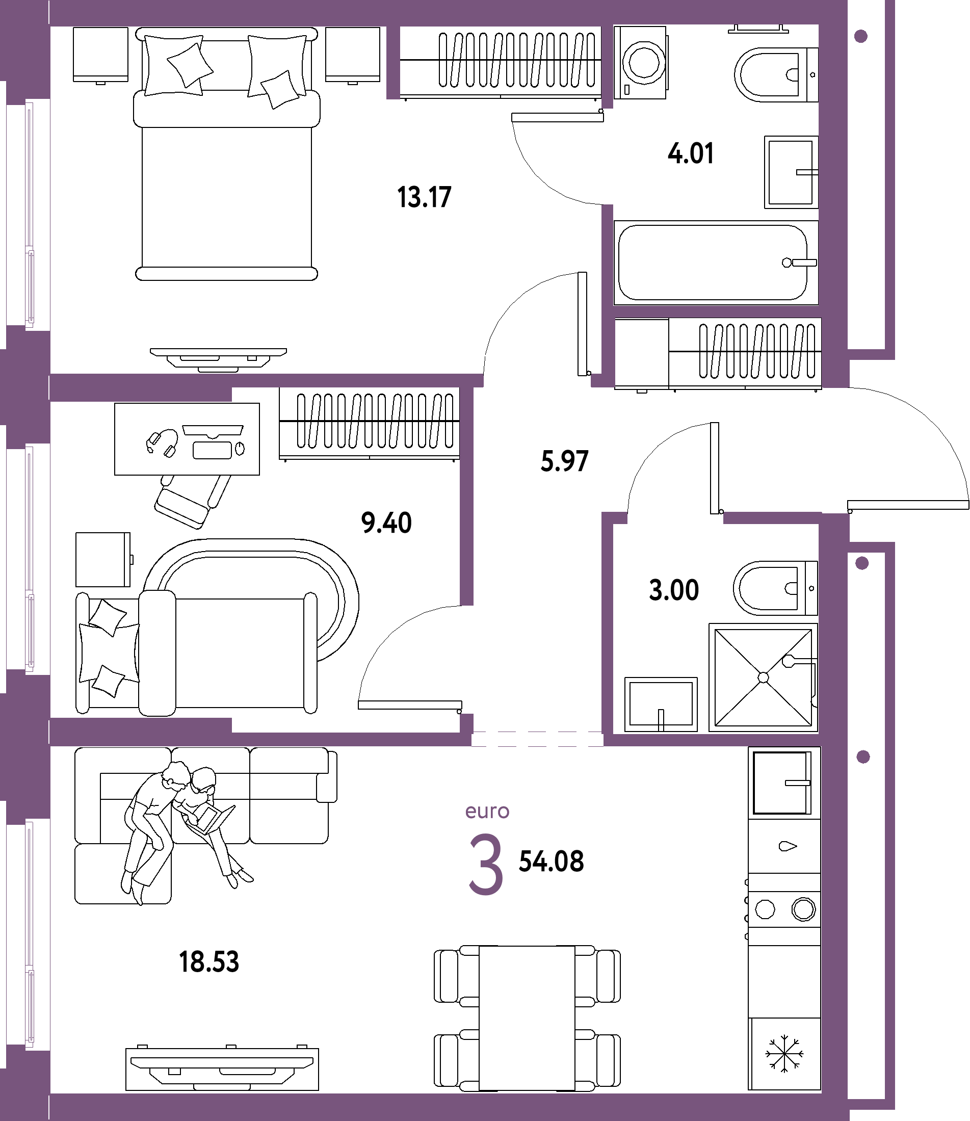 ЖК "Домашний"-3-комнатная 54.08 м²