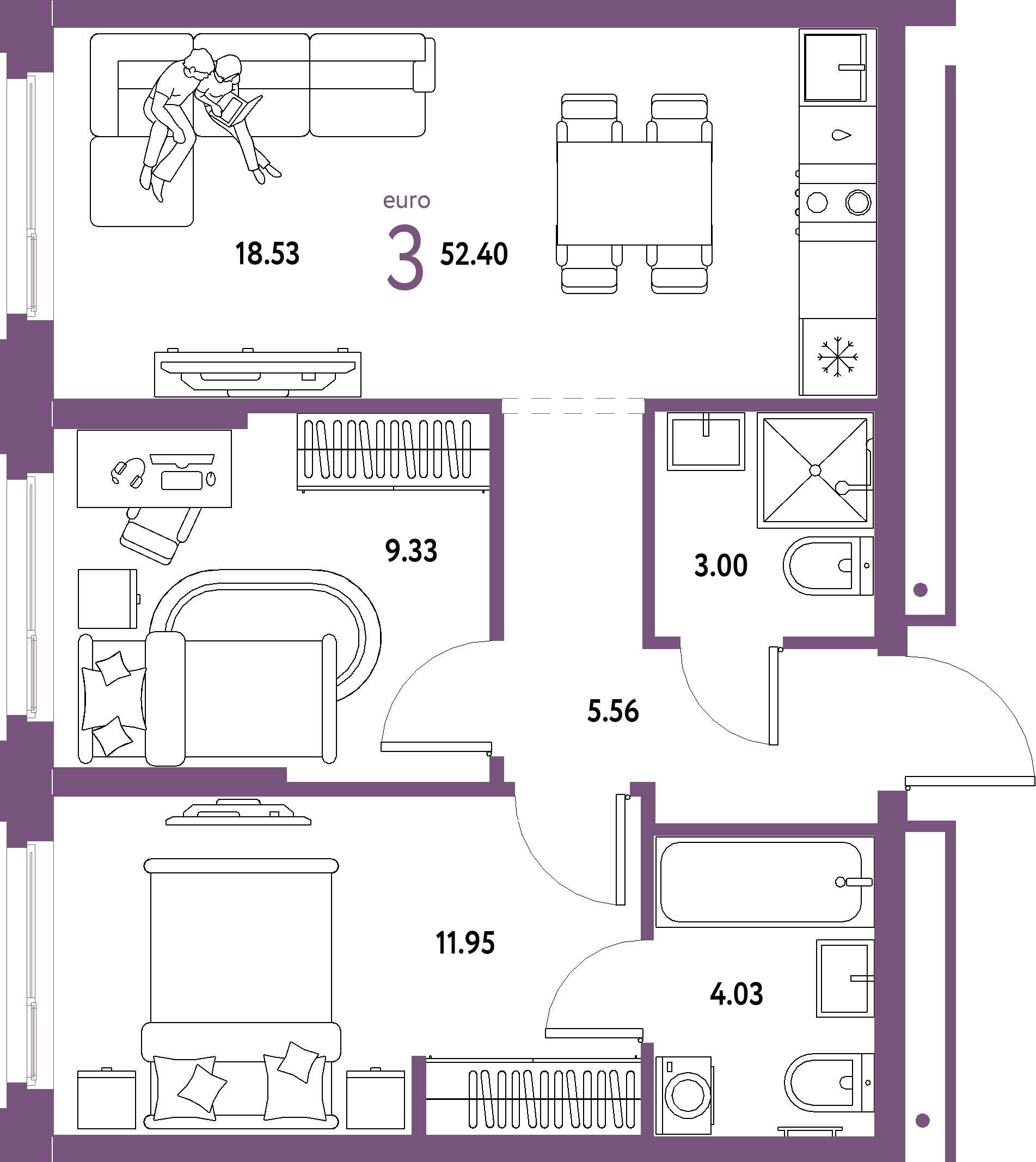 ЖК "Домашний"-3-комнатная 52.4 м²