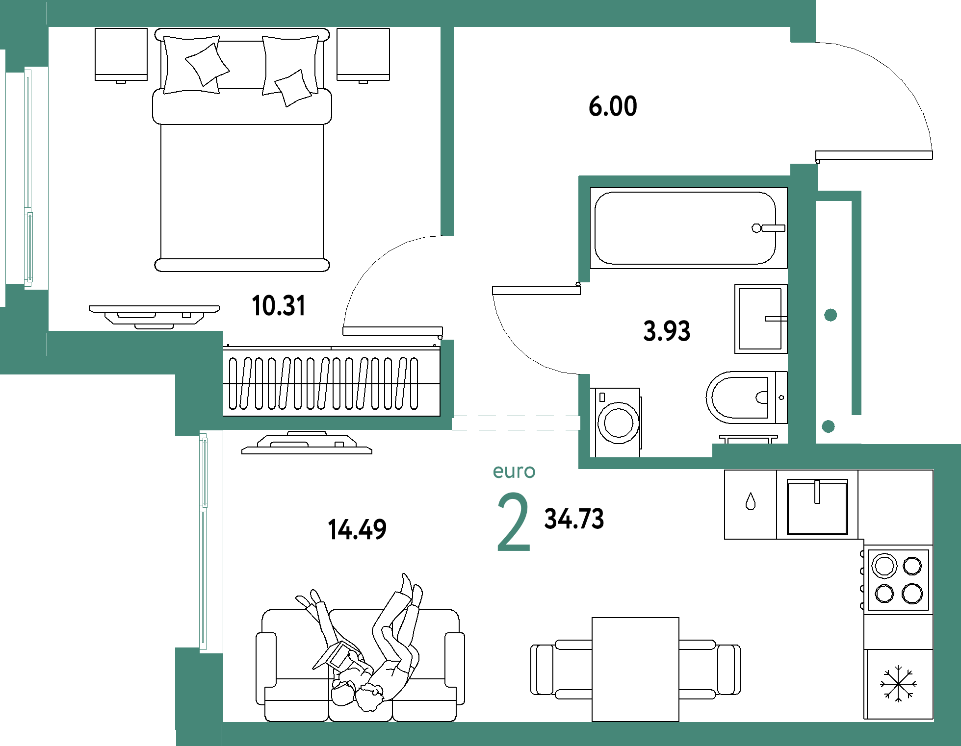 ЖК "Домашний"-2-комнатная 34.73 м²