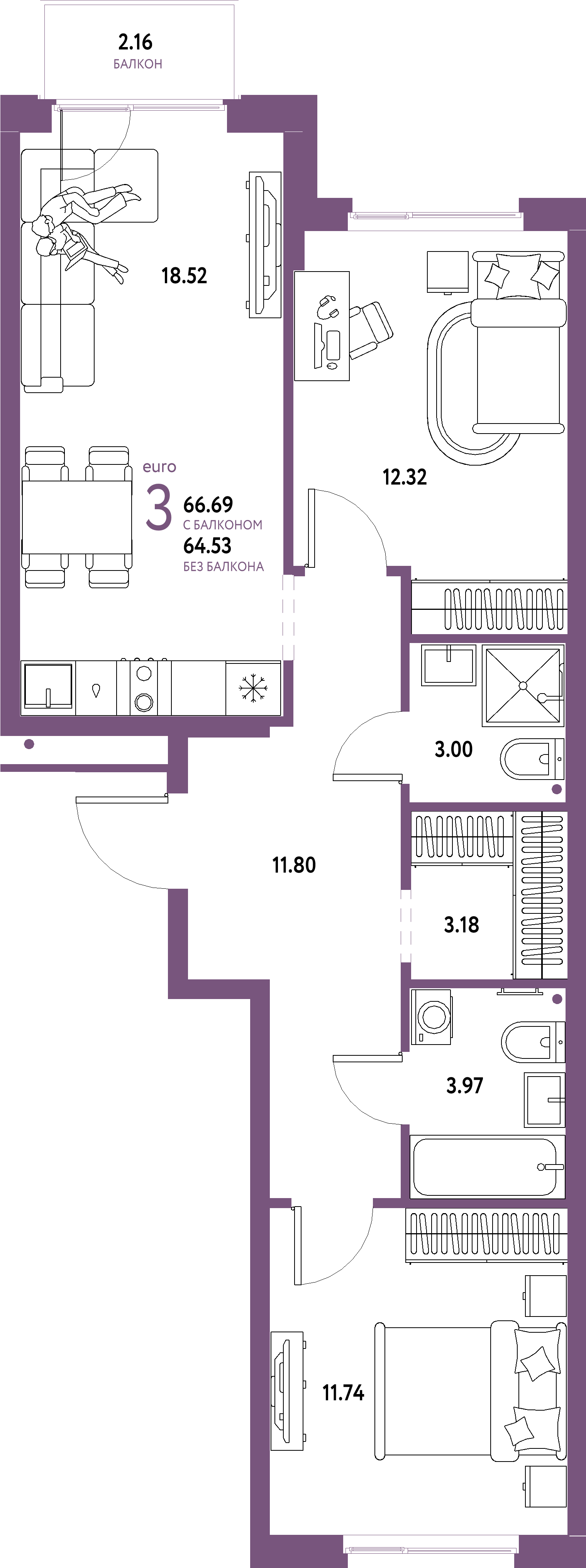 Купить 3-комнатную квартиру 66.69м², этаж №7 кв №374 в ЖК 