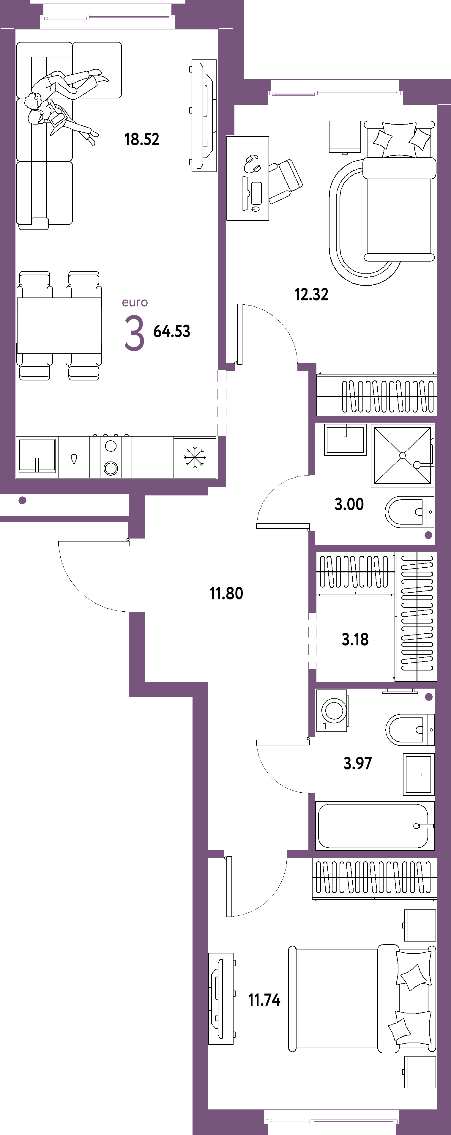 Купить 3-комнатную квартиру 64.53м², этаж №8 кв №386 в ЖК 