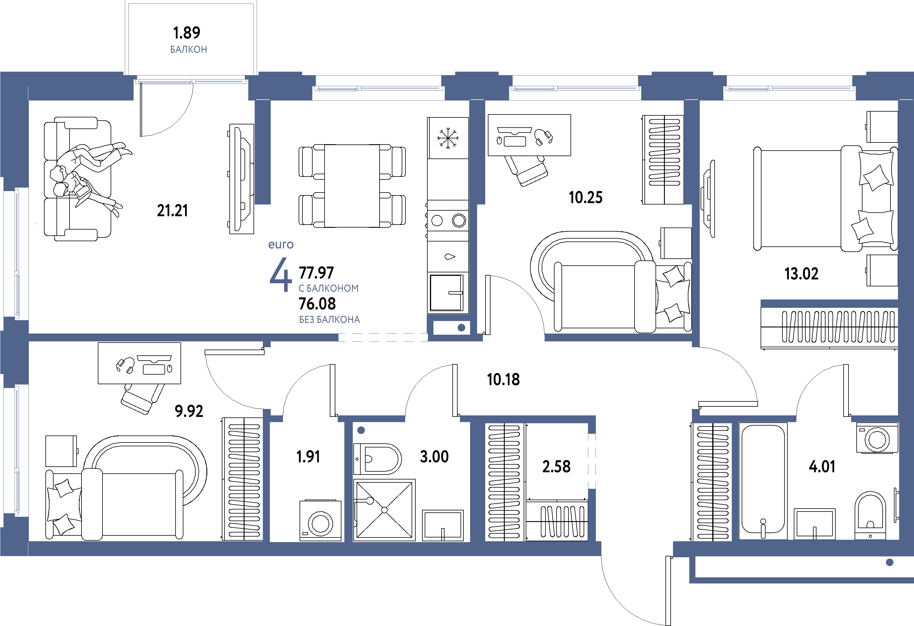 ЖК "Домашний"-4-комнатная 77.97 м²