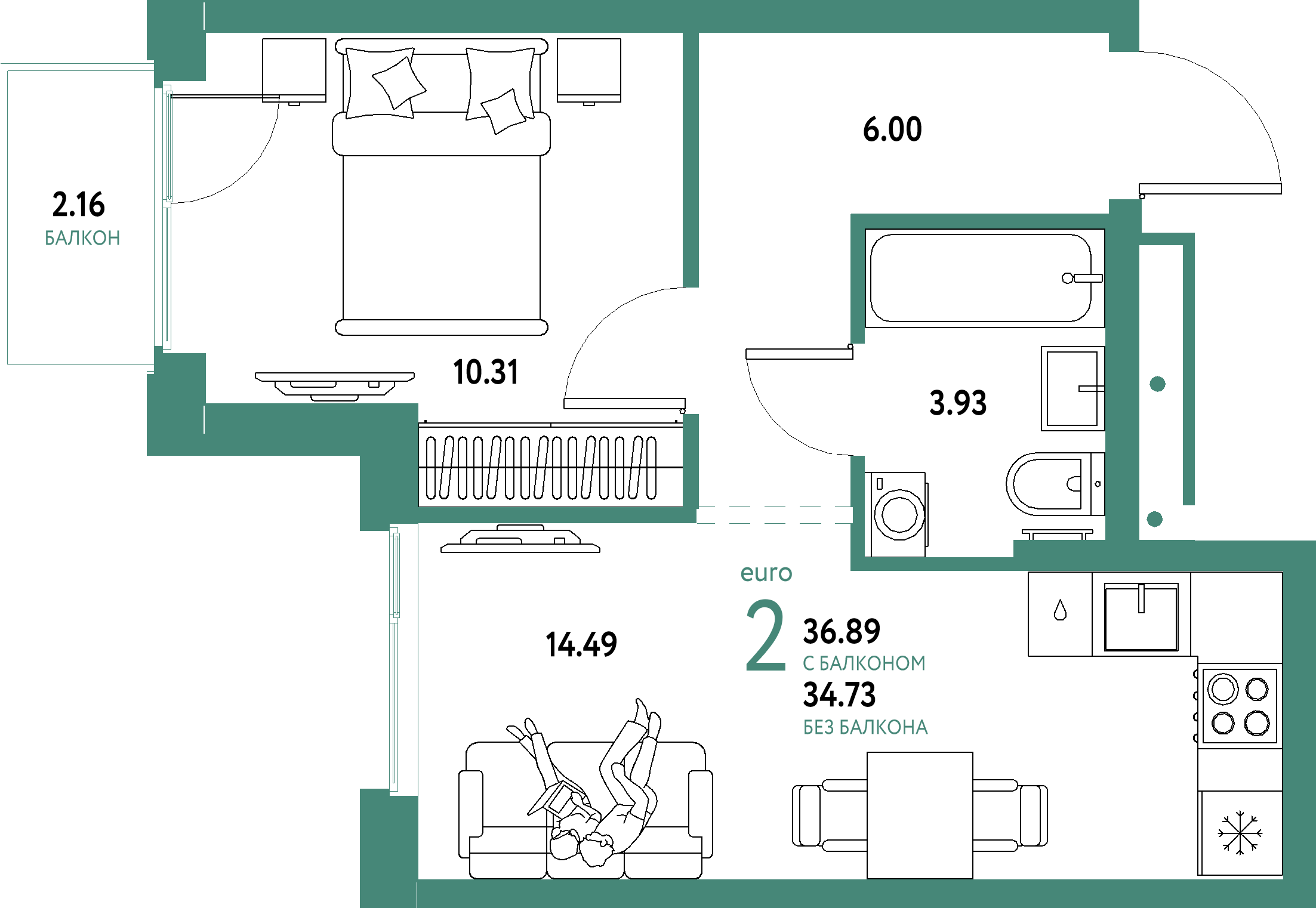 ЖК "Домашний"-2-комнатная 36.89 м²
