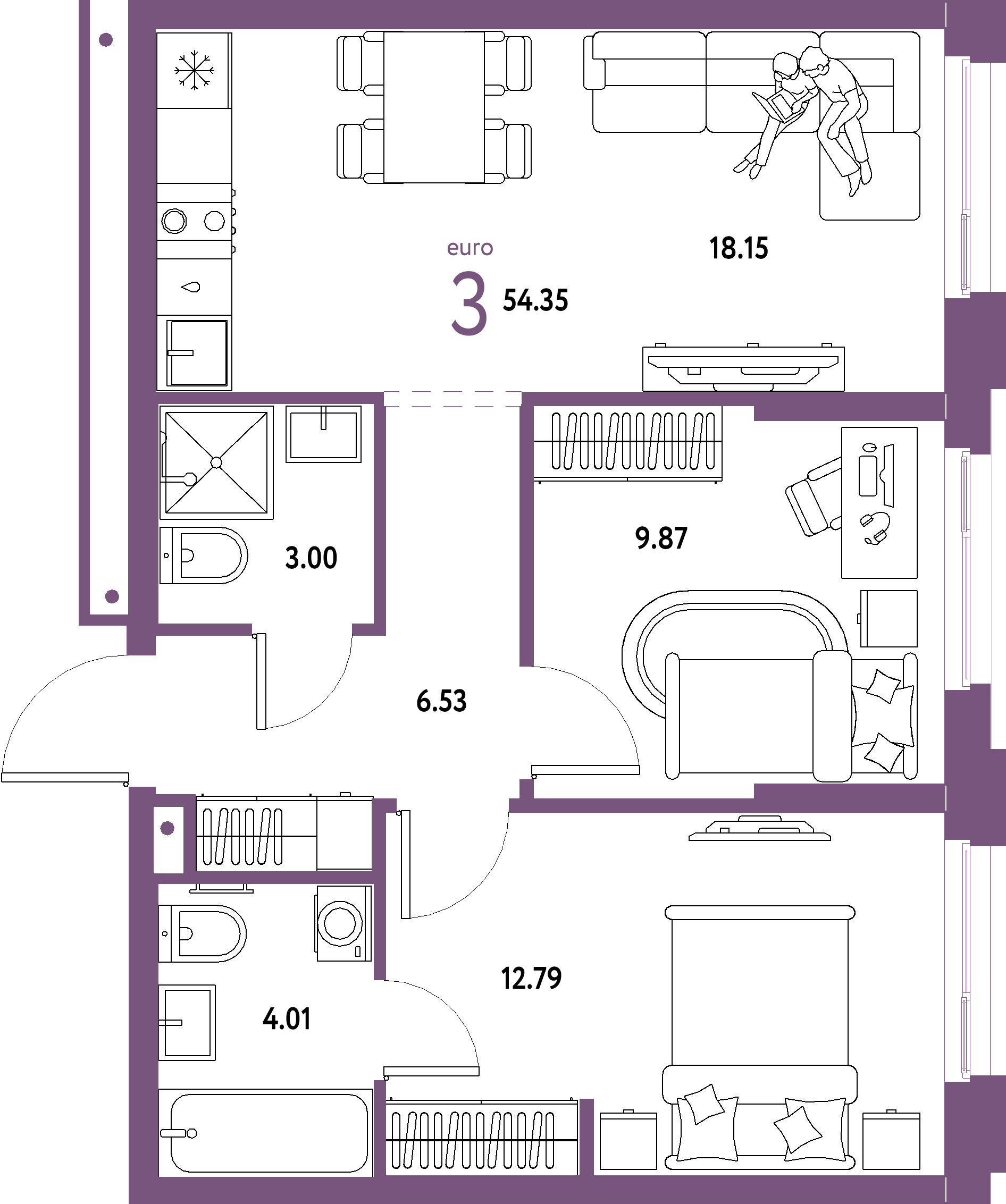 ЖК "Домашний"-3-комнатная 54.35 м²