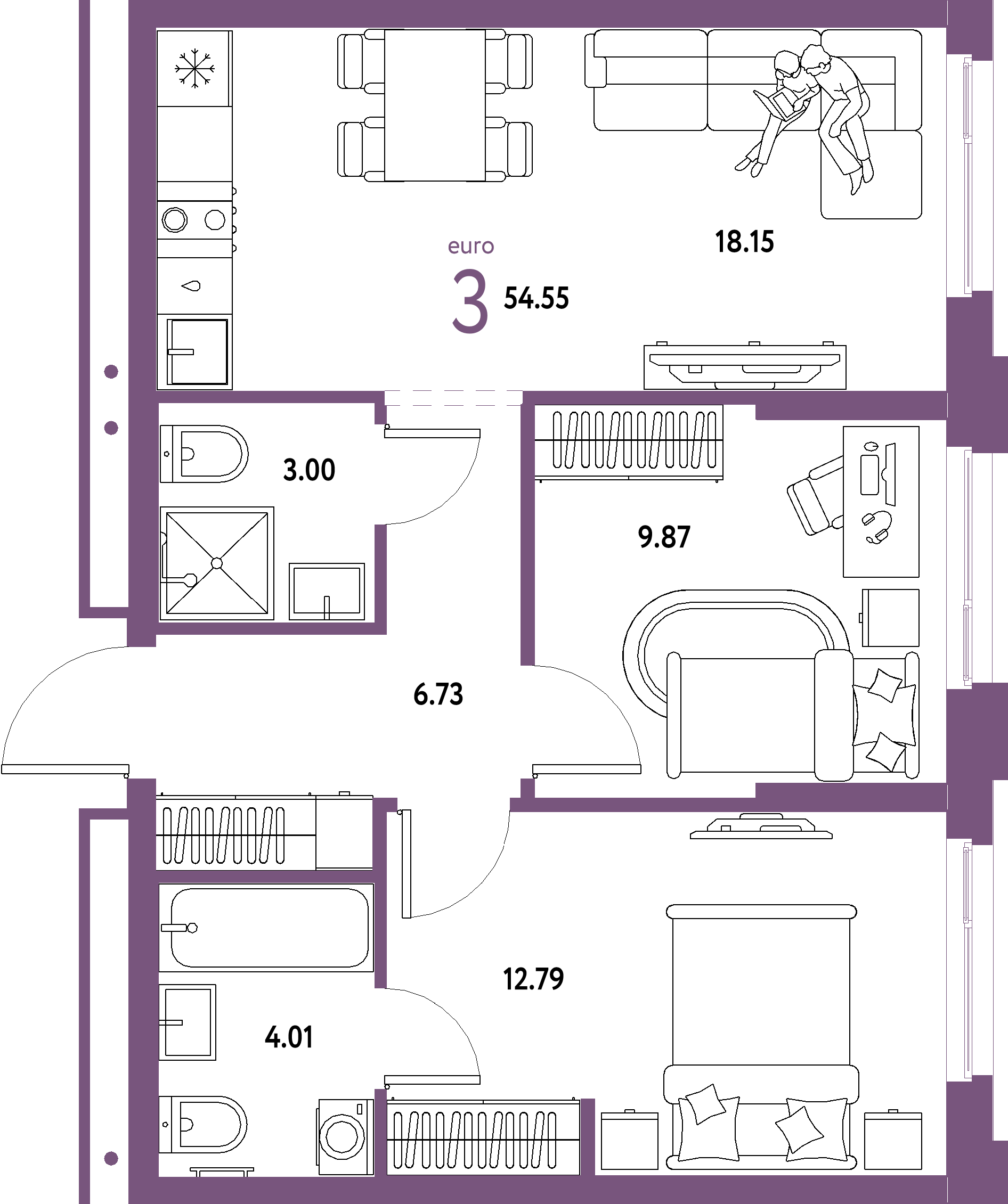 ЖК "Домашний"-3-комнатная 54.55 м²