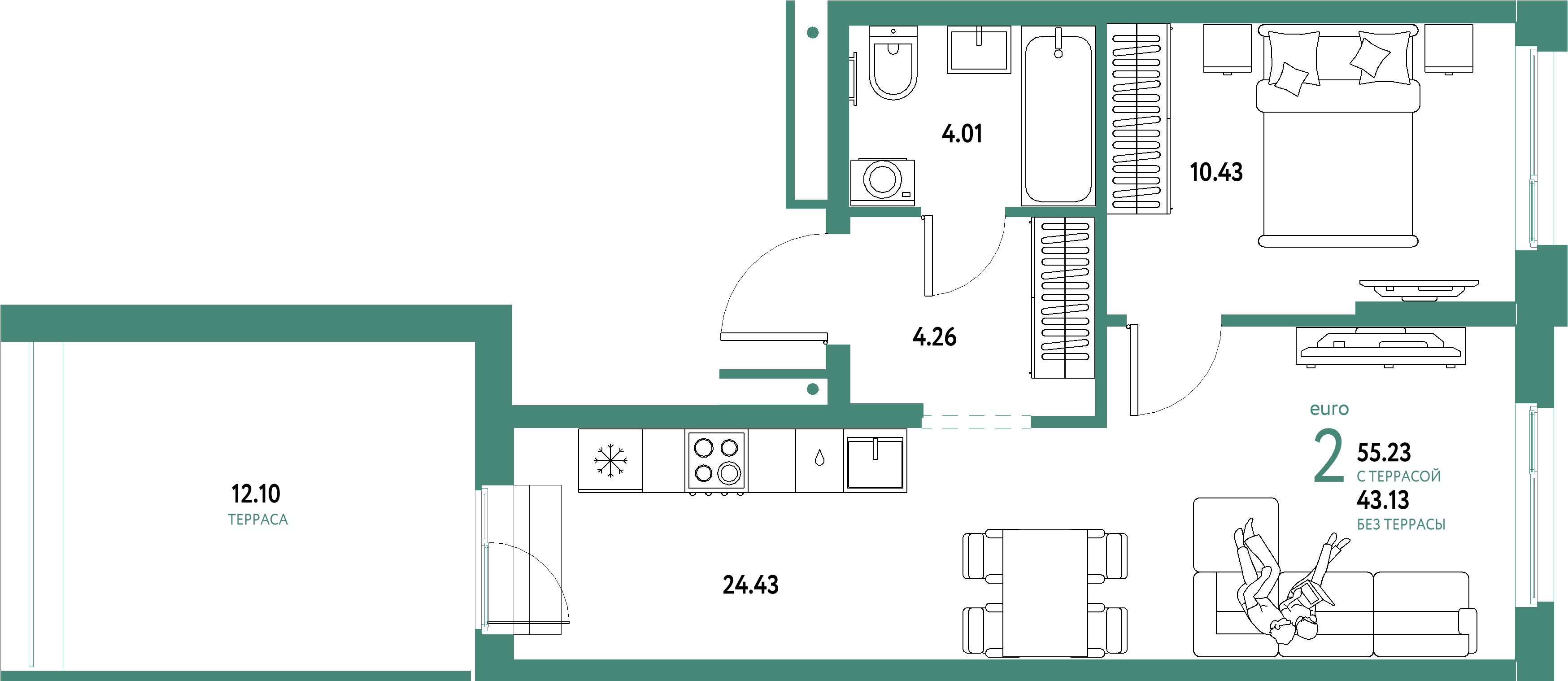 ЖК "Домашний"-2-комнатная 55.23 м²