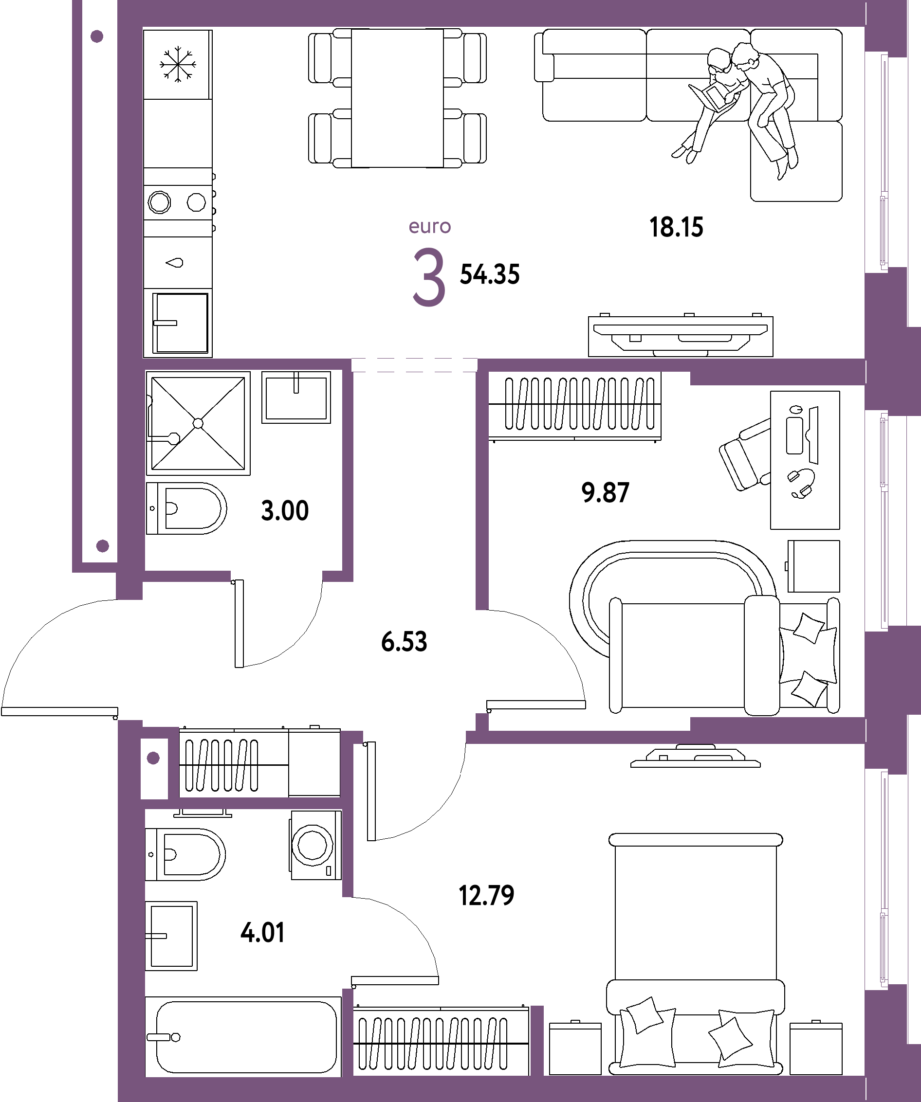 ЖК "Домашний"-3-комнатная 54.35 м²