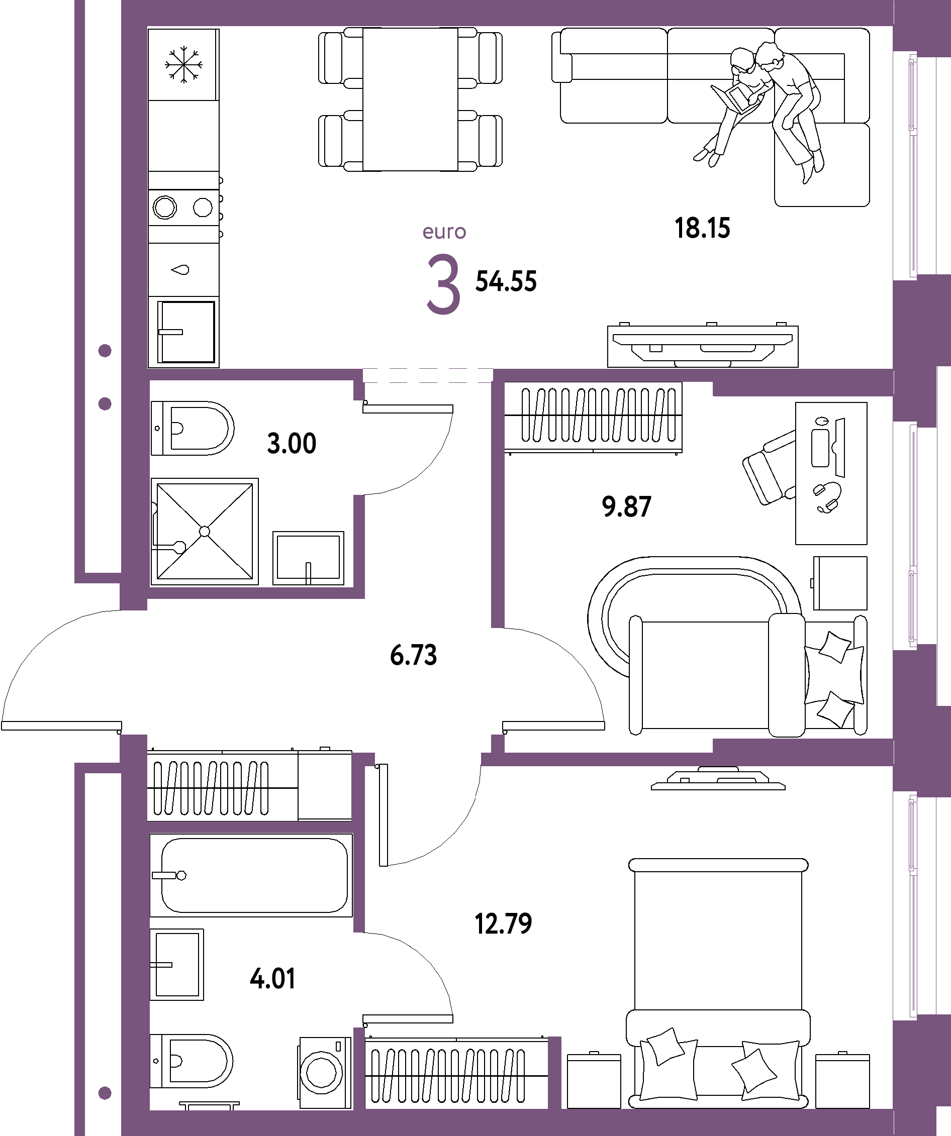 ЖК "Домашний"-3-комнатная 54.55 м²