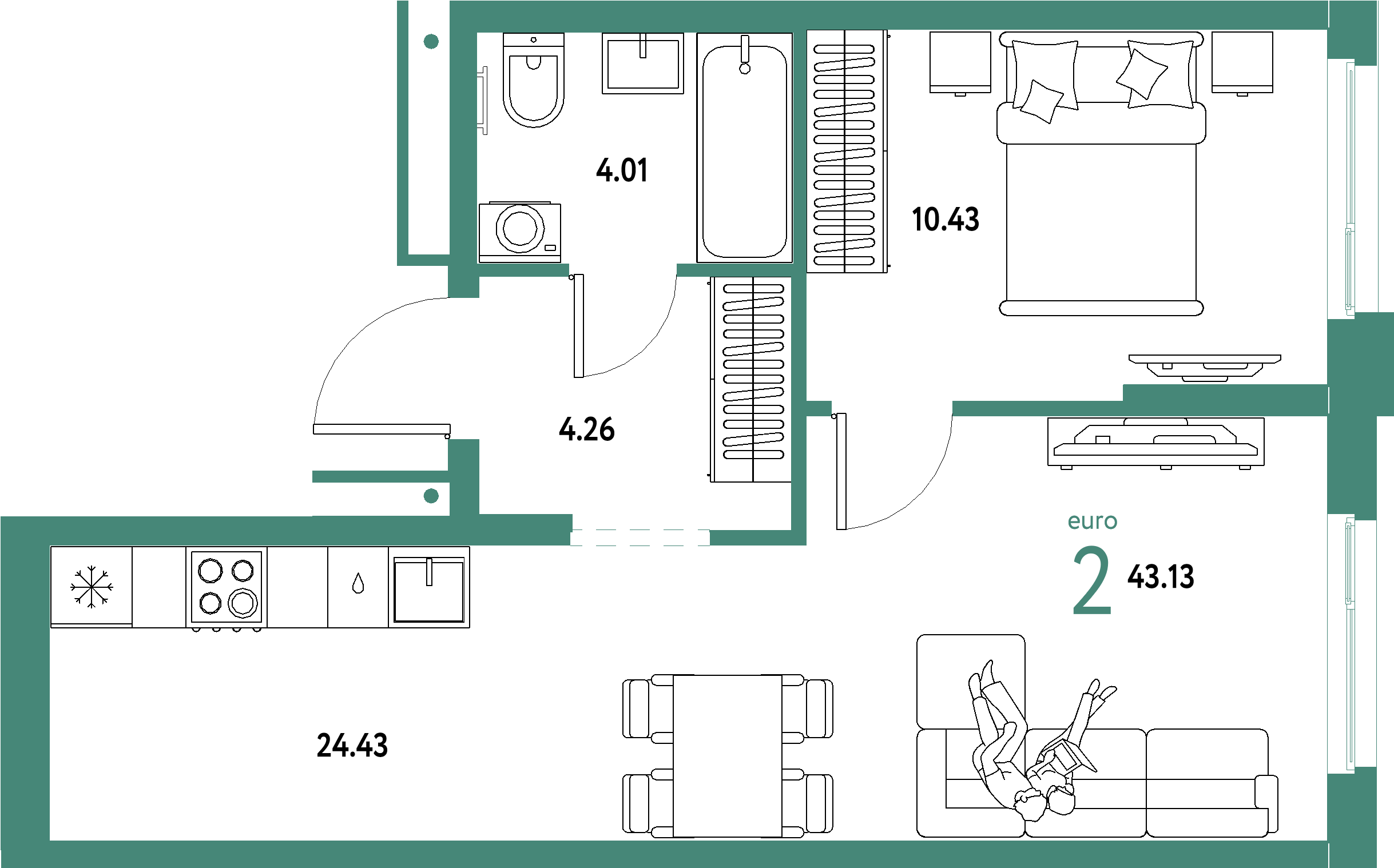 ЖК "Домашний"-2-комнатная 43.13 м²