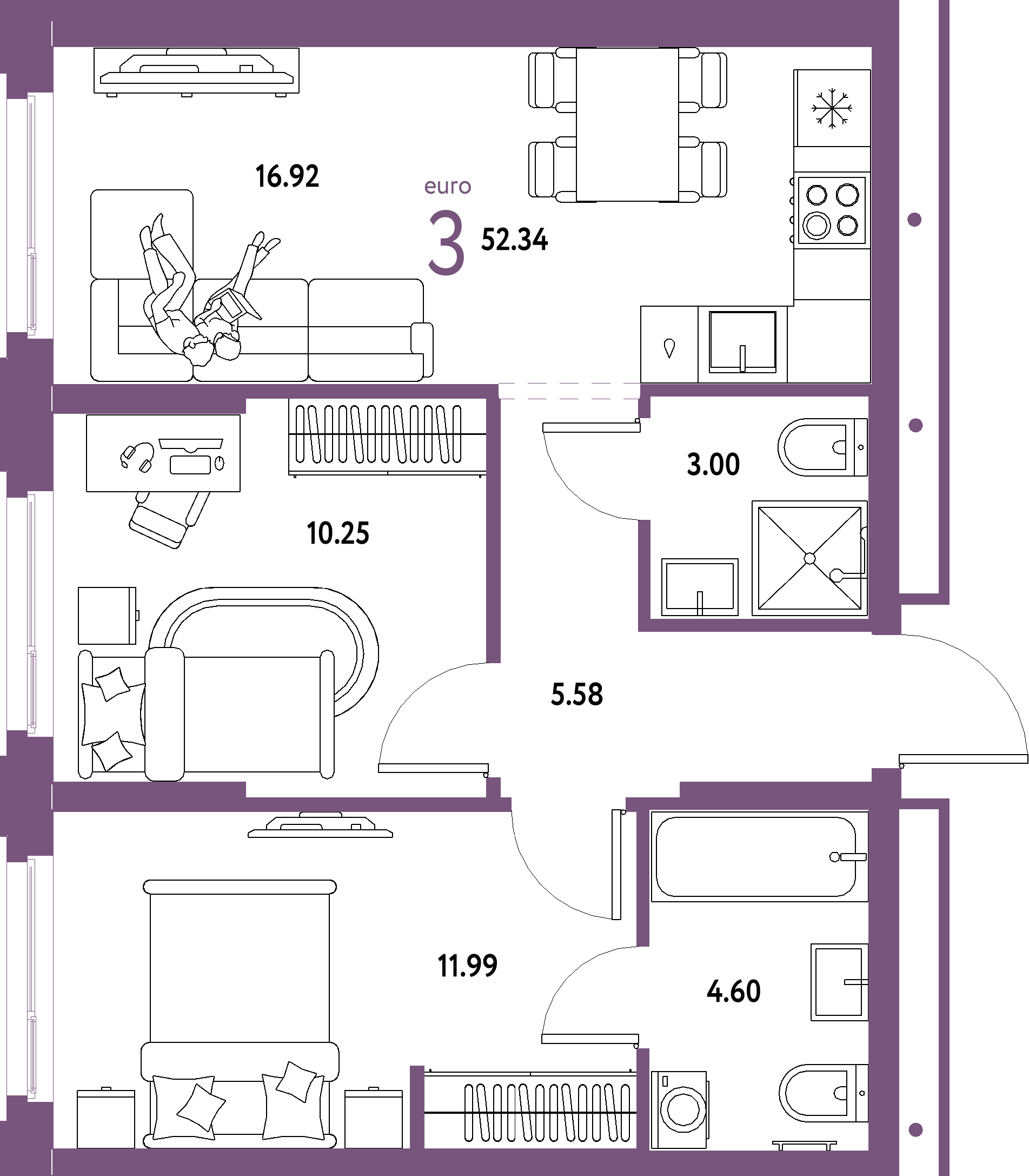 ЖК "Домашний"-3-комнатная 52.34 м²