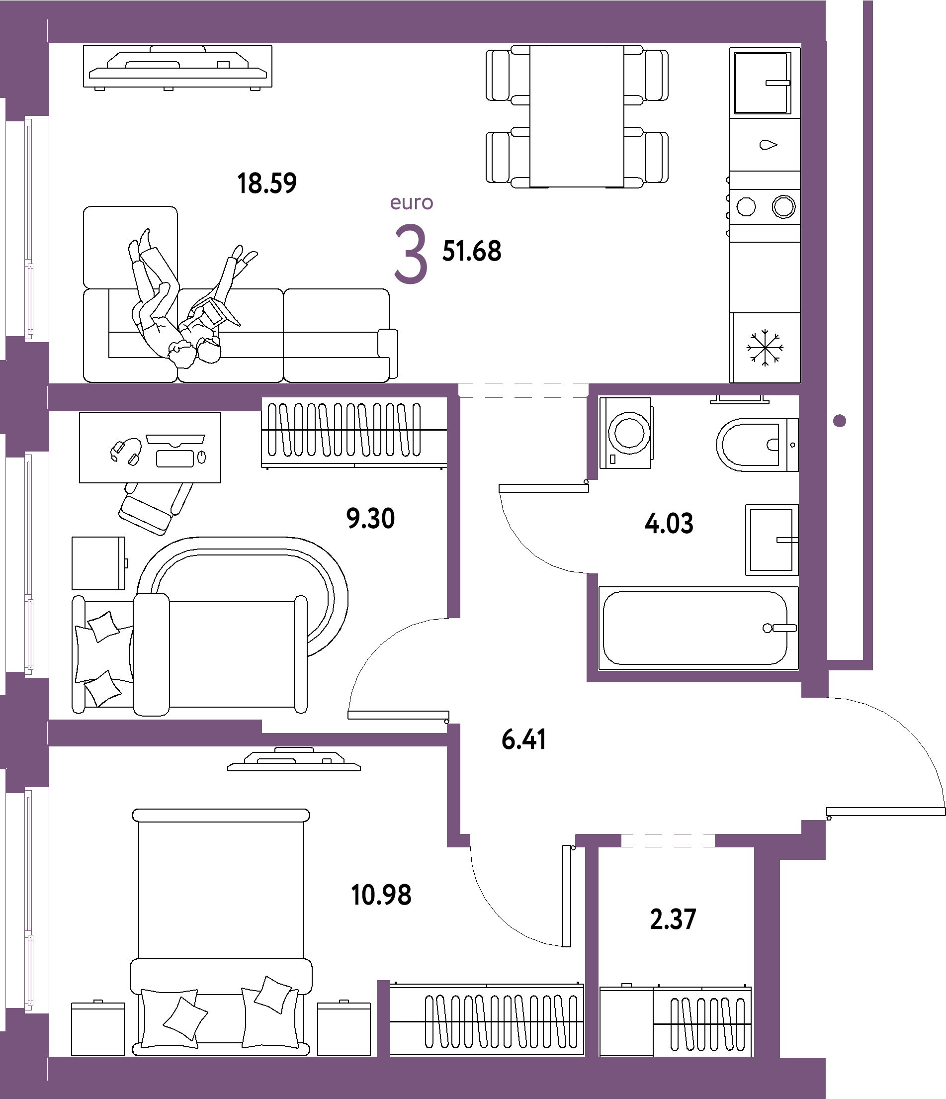 ЖК "Домашний"-3-комнатная 51.68 м²