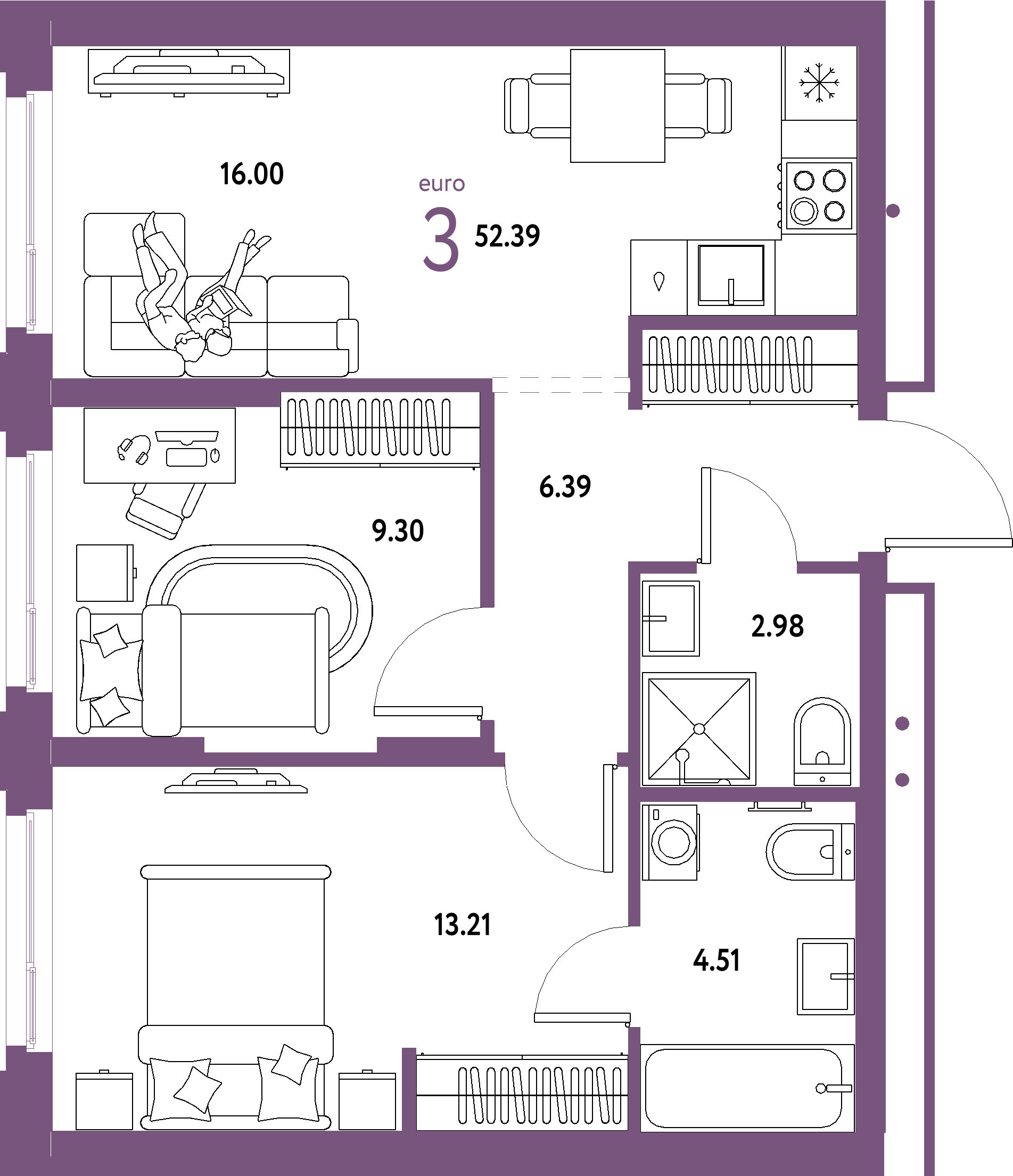 Купить 3-комнатную квартиру 52.39м², этаж №13 кв №438 в ЖК 