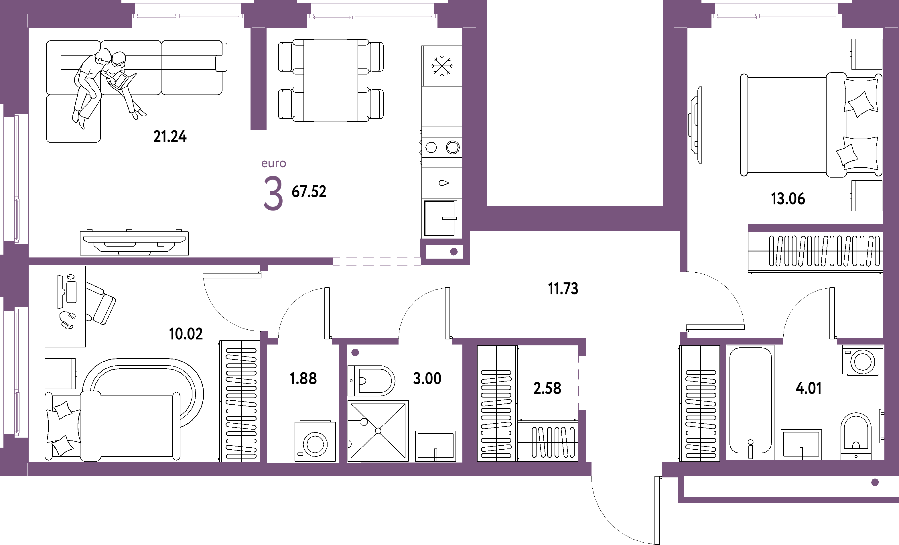 ЖК "Домашний"-3-комнатная 67.52 м²