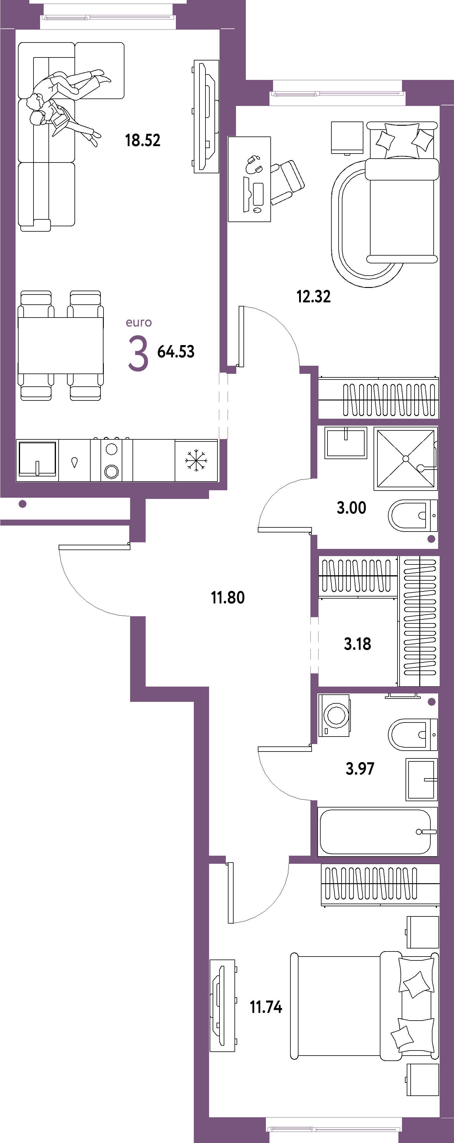ЖК "Домашний"-3-комнатная 64.53 м²