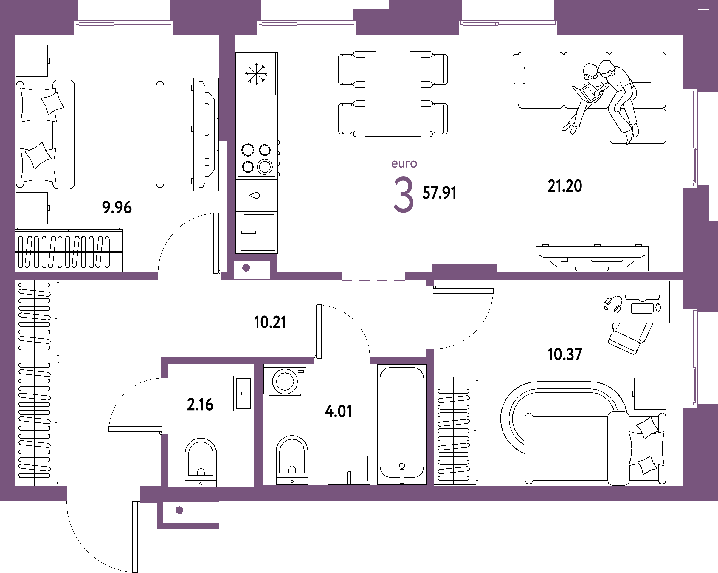 ЖК "Домашний"-3-комнатная 57.91 м²