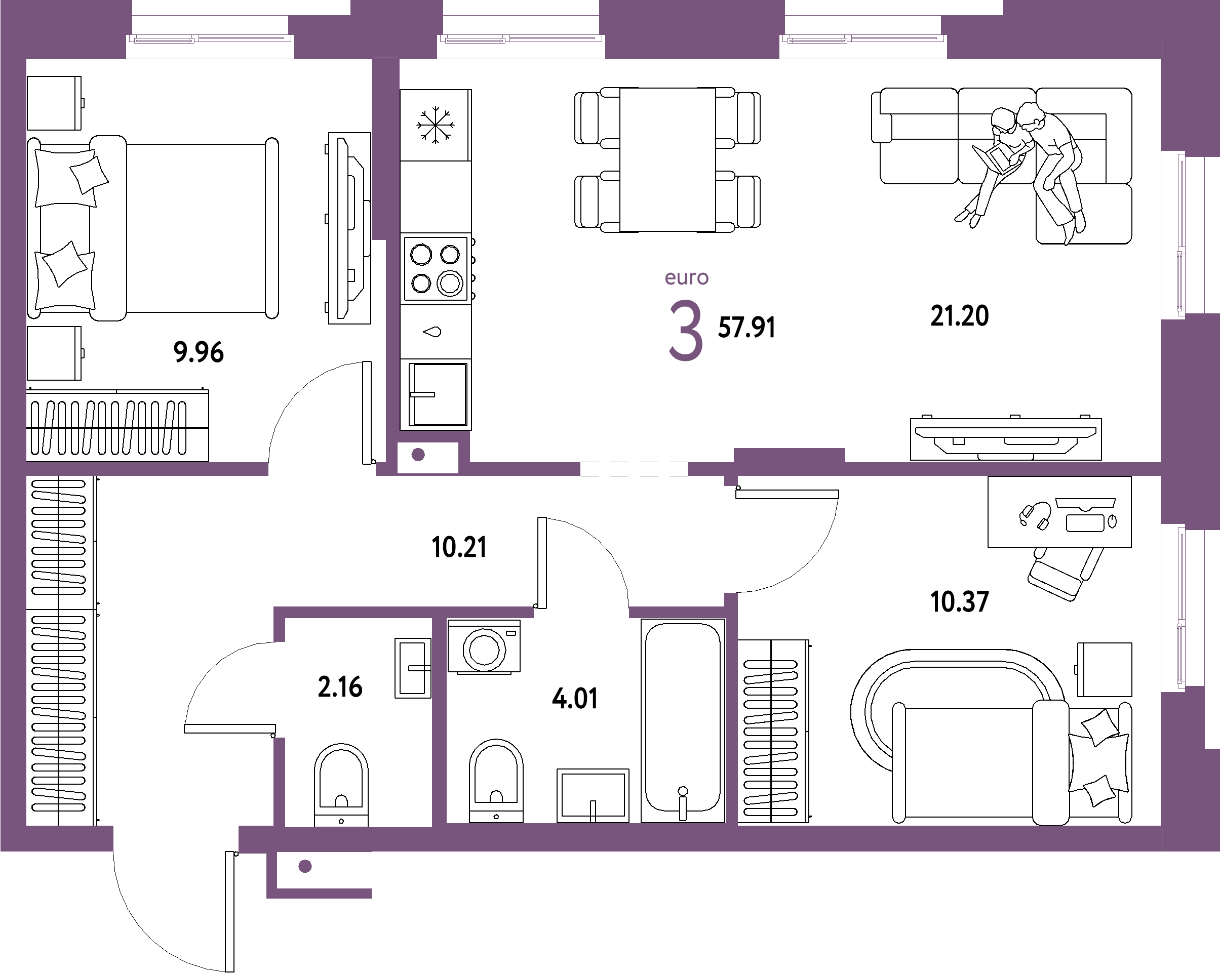 ЖК "Домашний"-3-комнатная 57.91 м²