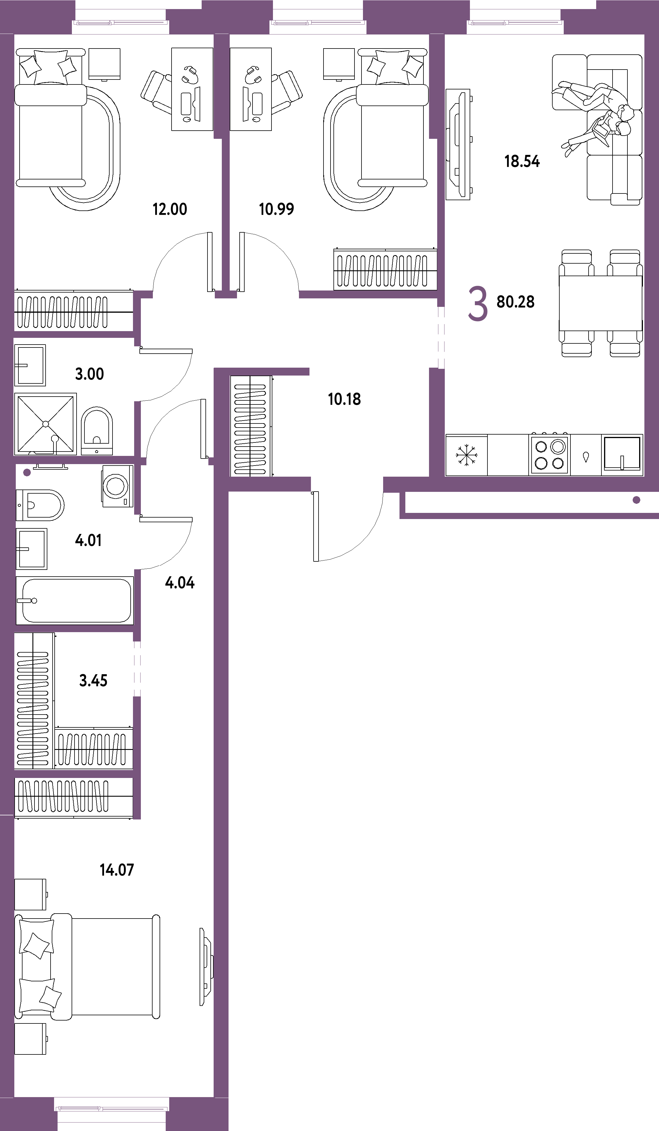 Купить 3-комнатную квартиру 80.28м², этаж №13 кв №512 в ЖК 