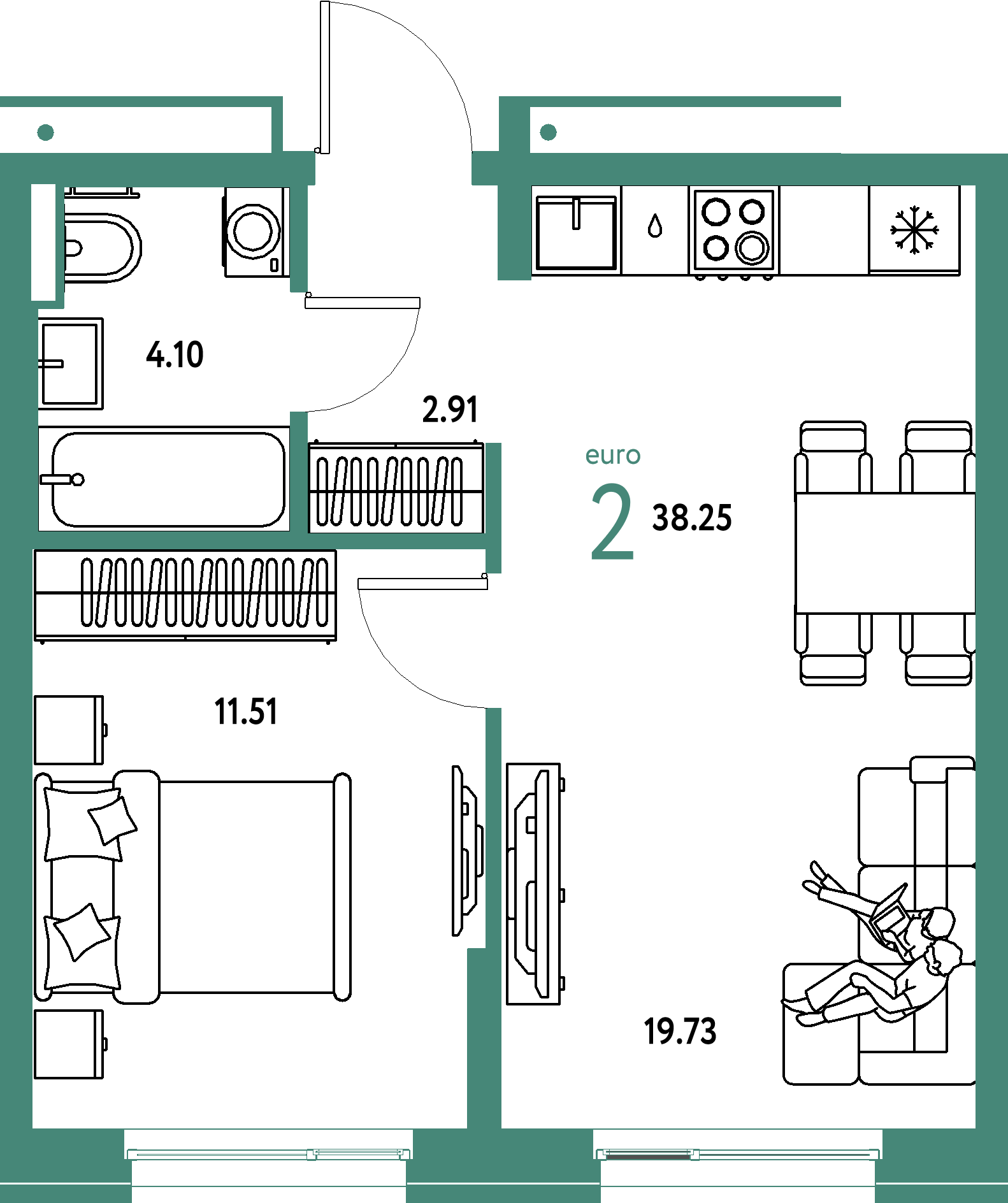 ЖК "Домашний"-2-комнатная 38.25 м²